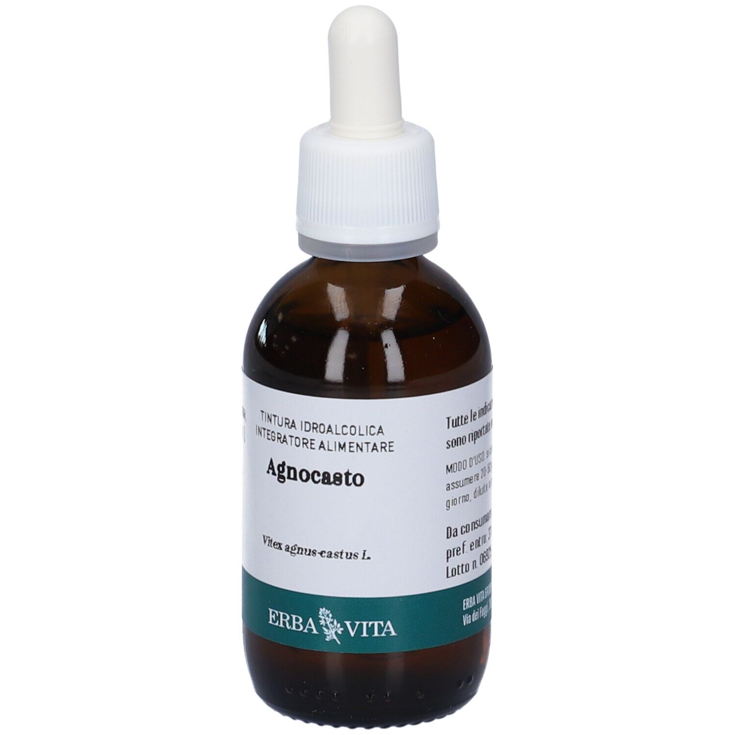 Flacone Agnocasto con contagocce. Vetro marrone, tappo bianco. Etichetta con nome e logo Erba Vita.