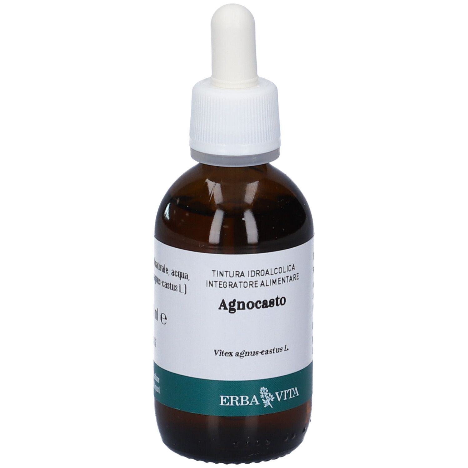 Flacone Agnocasto con contagocce. Vetro marrone, tappo bianco. Etichetta con nome e logo Erba Vita.