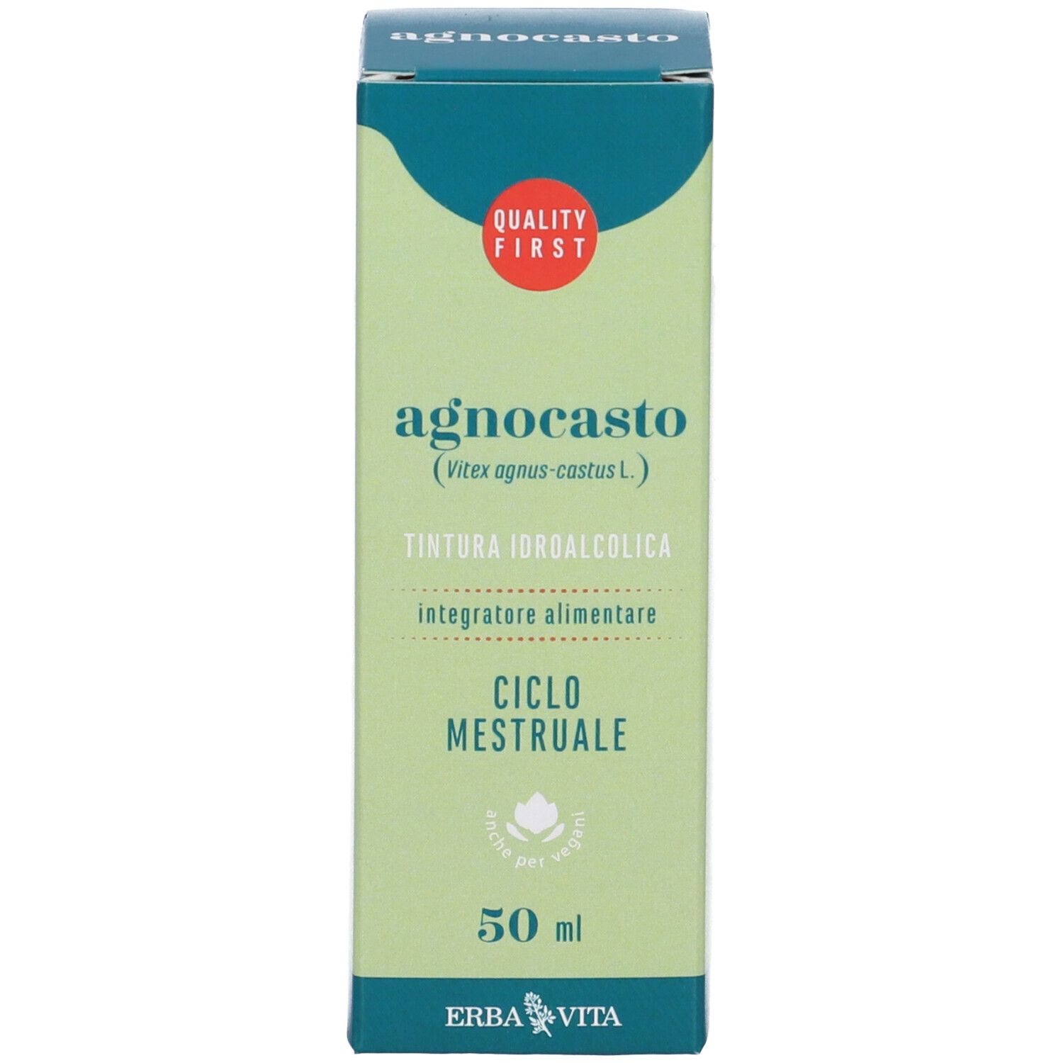 Confezione Agnocasto. Scatola verde con nome e logo del prodotto. Testo: 50 ml, Erba Vita.