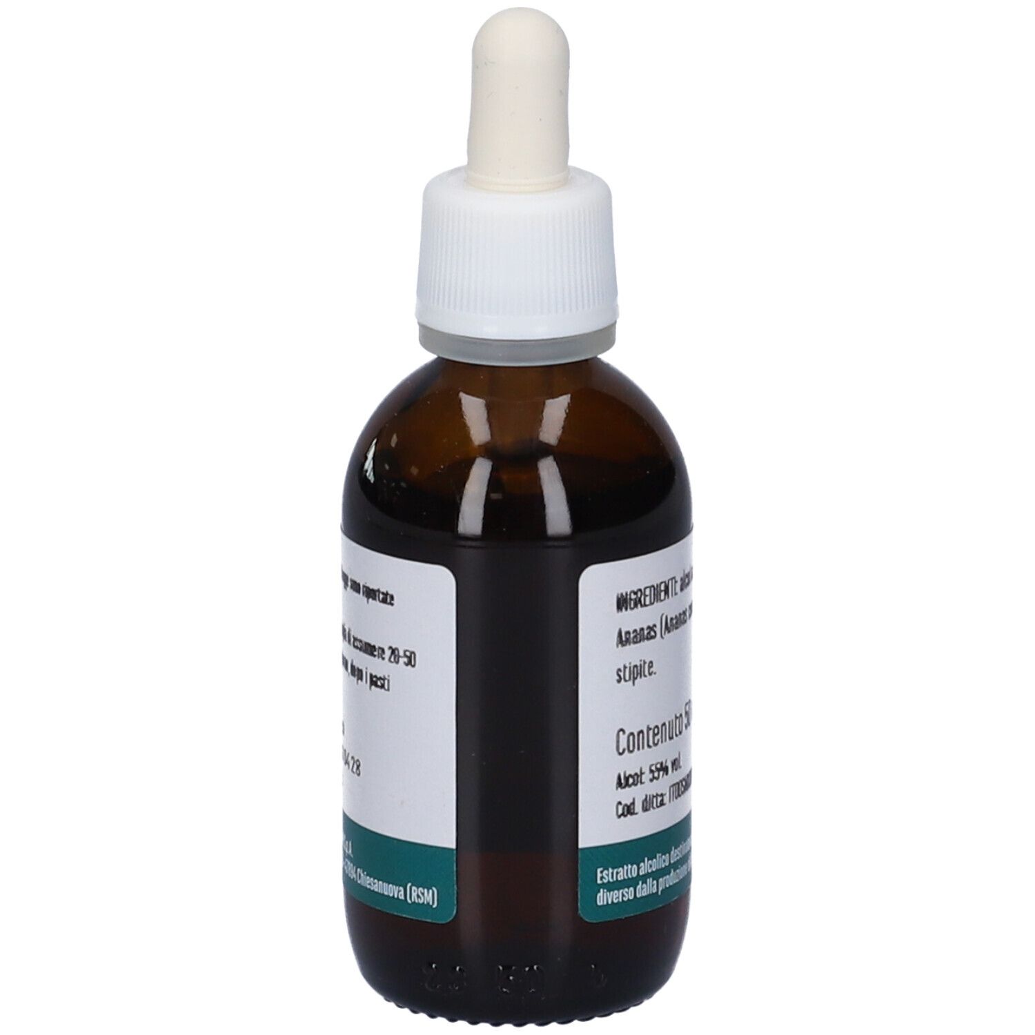 Flacone di vetro marrone con tappo bianco e contagocce. Etichetta con informazioni. 50 ml.