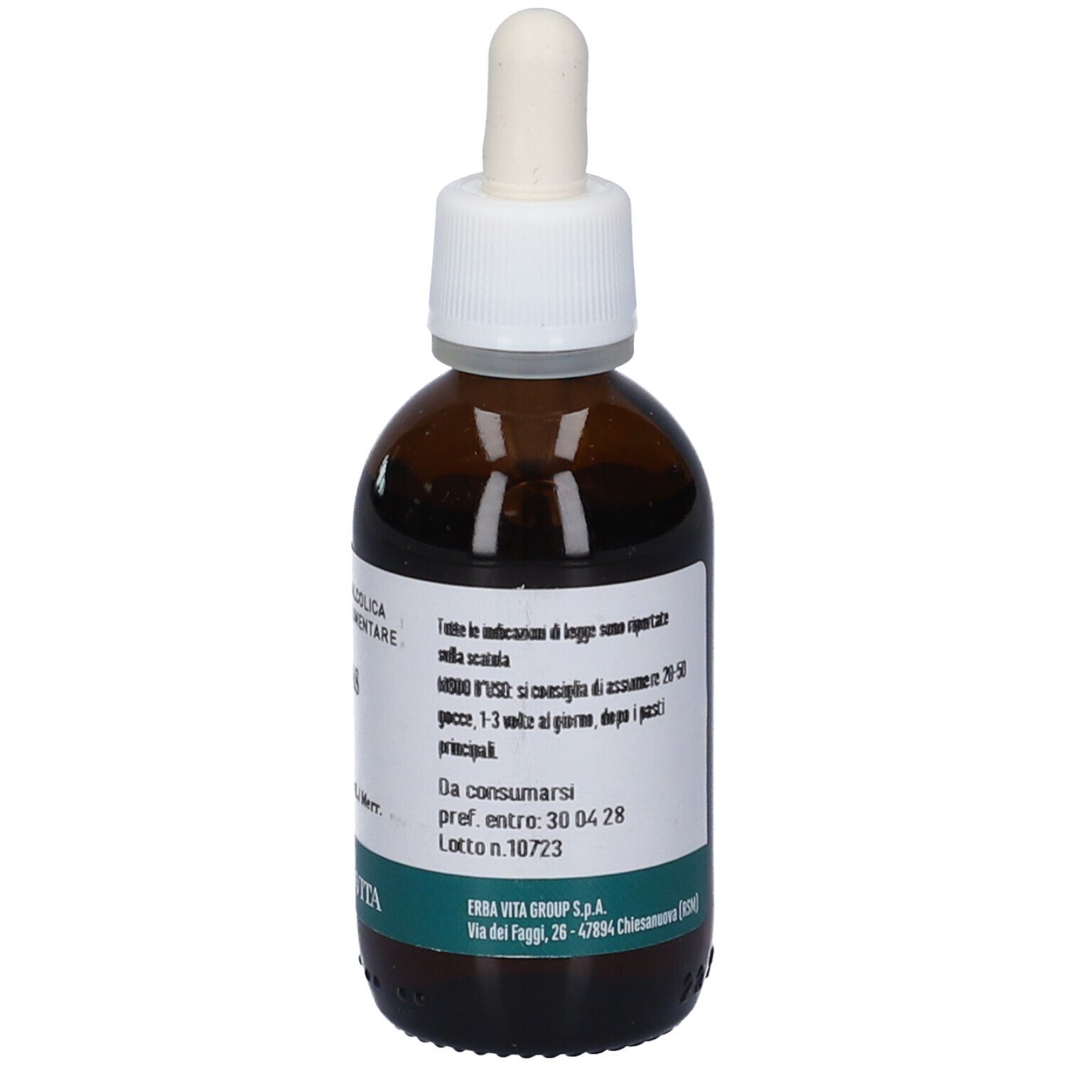 Flacone di vetro marrone con tappo bianco e contagocce. Etichetta con istruzioni per il dosaggio. 50 ml.