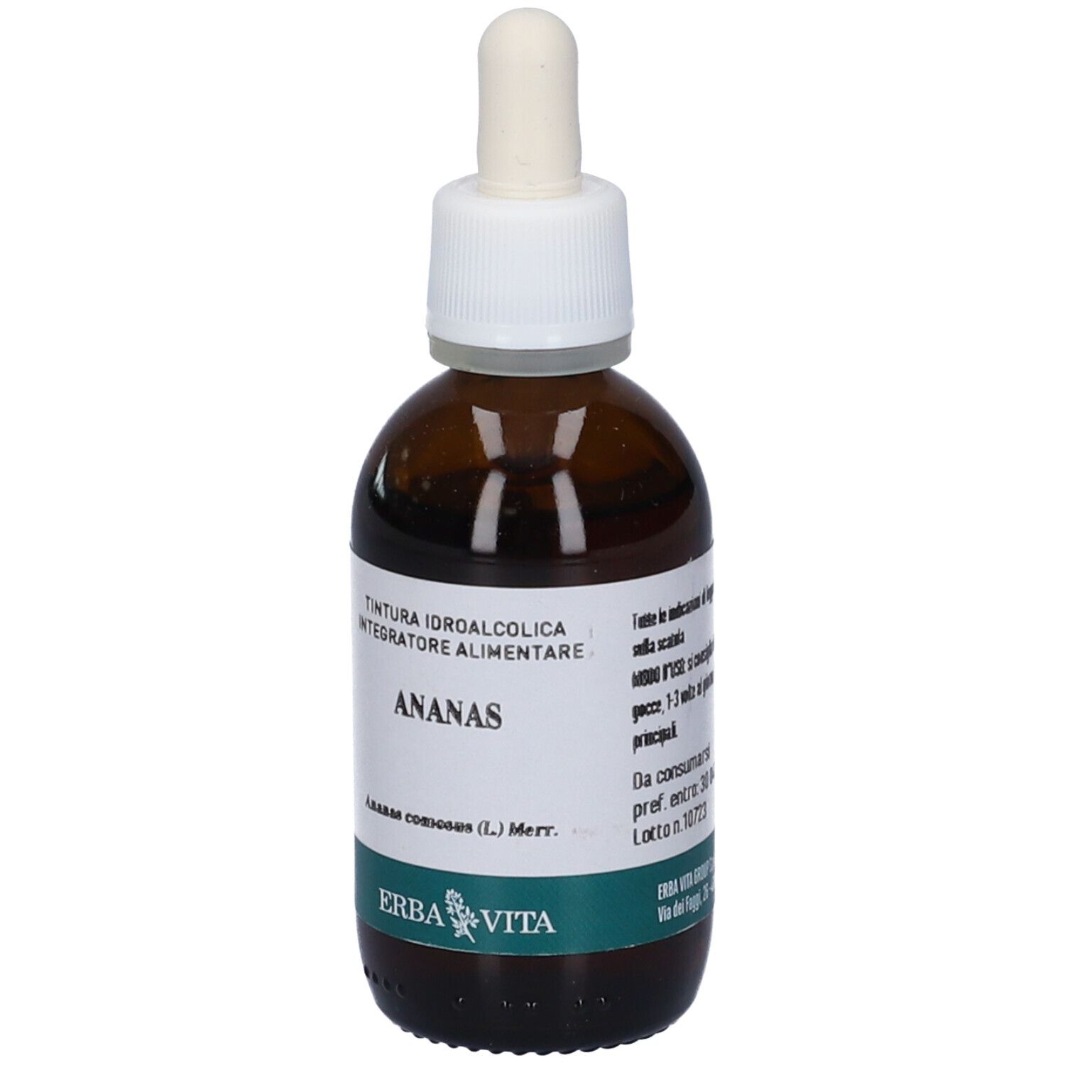 Flacone di vetro marrone con tappo bianco e contagocce. Etichetta con nome del prodotto e marchio. 50 ml.