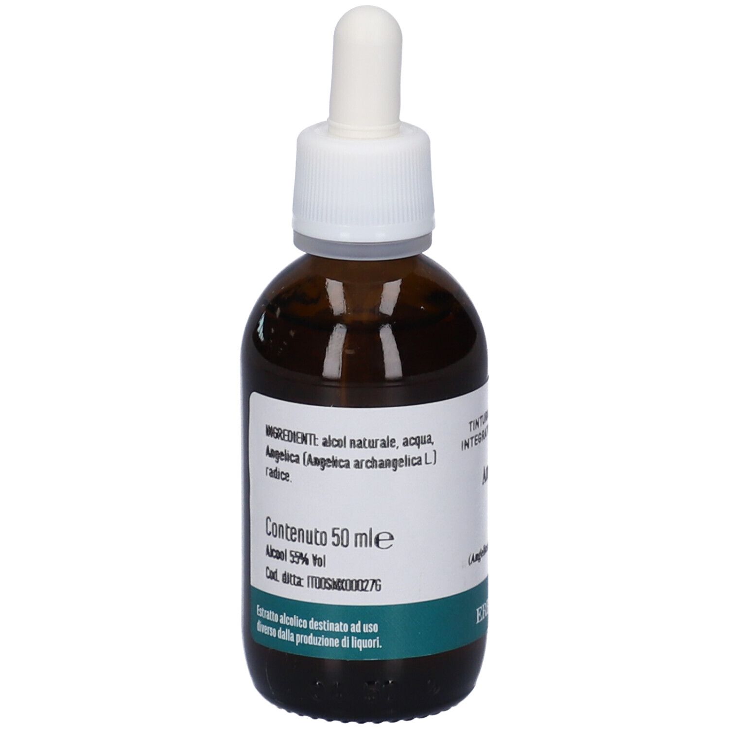 Flacone di vetro marrone con tappo e pipetta bianchi. Etichetta con testo: Ingredienti, 50 ml, Erba Vita.