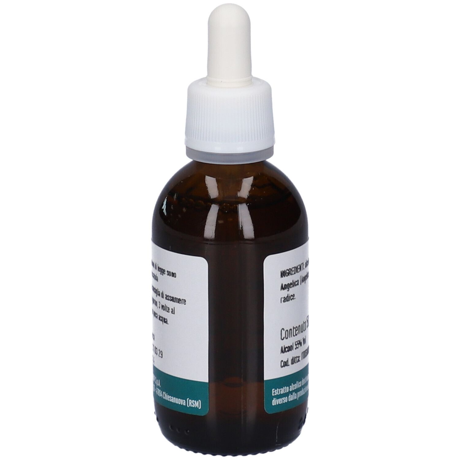 Flacone di vetro marrone con tappo e pipetta bianchi. Etichetta con testo: Ingredienti, 50 ml, Erba Vita.