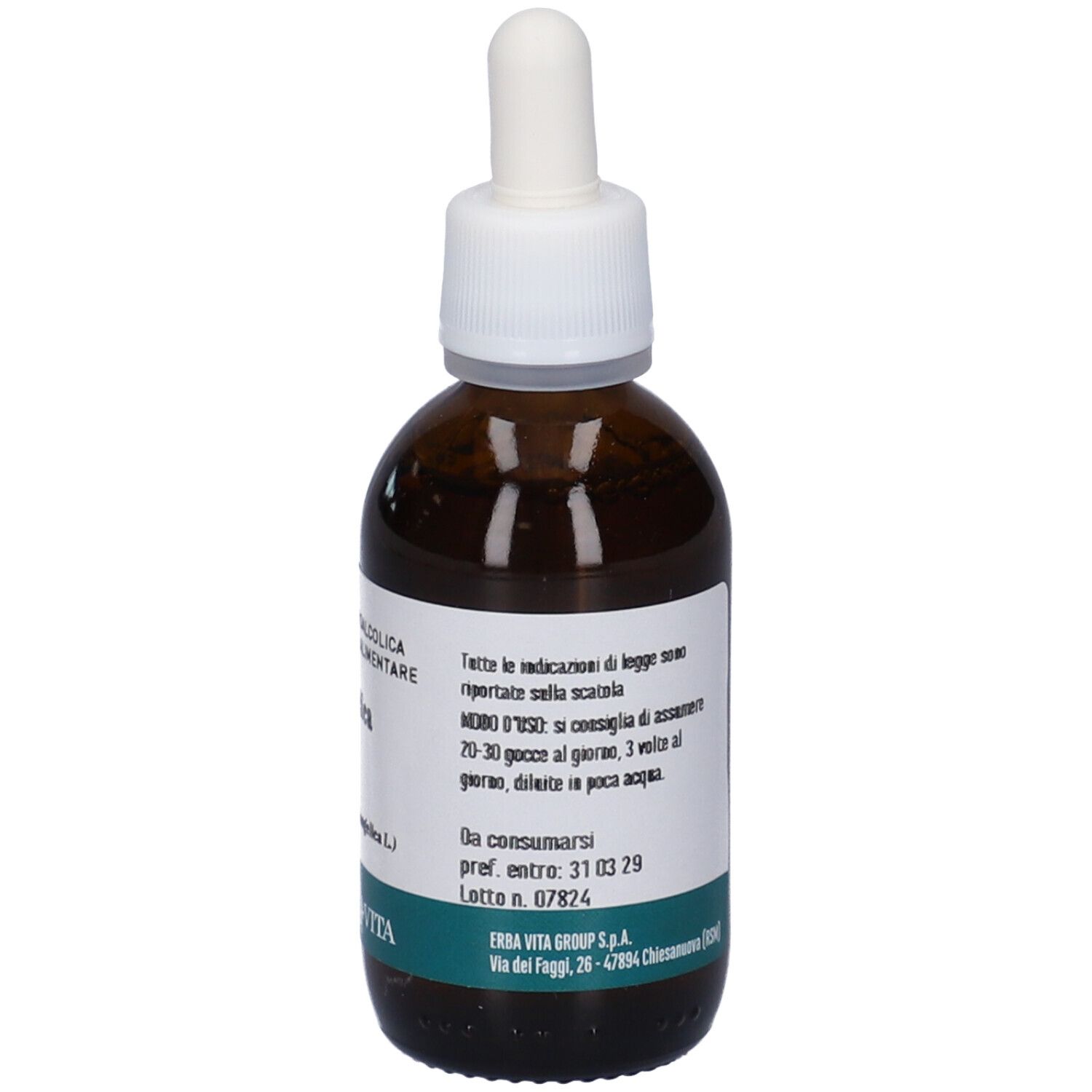 Flacone di vetro marrone con tappo e pipetta bianchi. Etichetta con testo: Istruzioni per l'uso, Erba Vita.