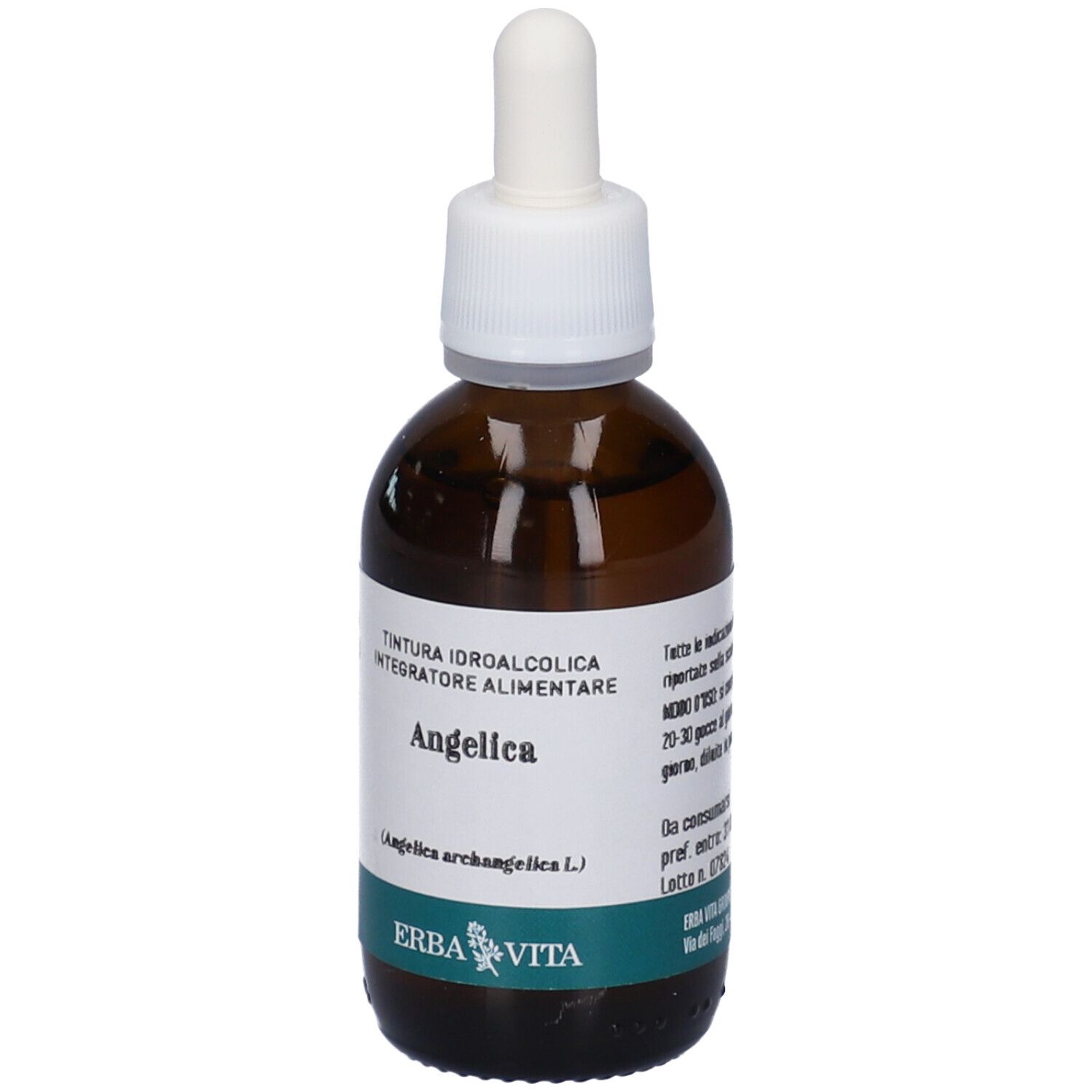 Flacone di vetro marrone con tappo e pipetta bianchi. Etichetta con testo: Angelica, logo Erba Vita.