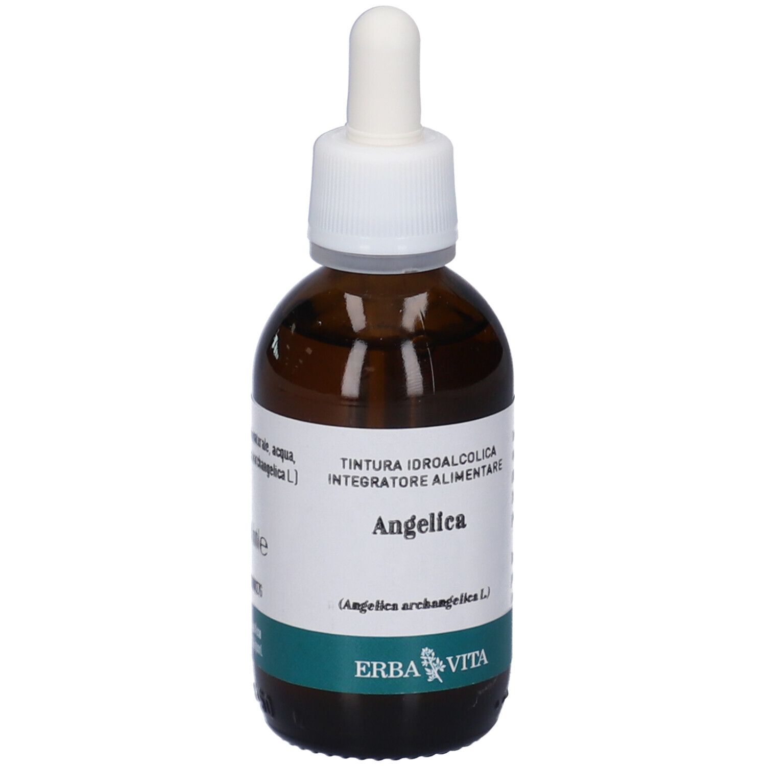 Flacone di vetro marrone con tappo e pipetta bianchi. Etichetta con testo: Angelica, logo Erba Vita.