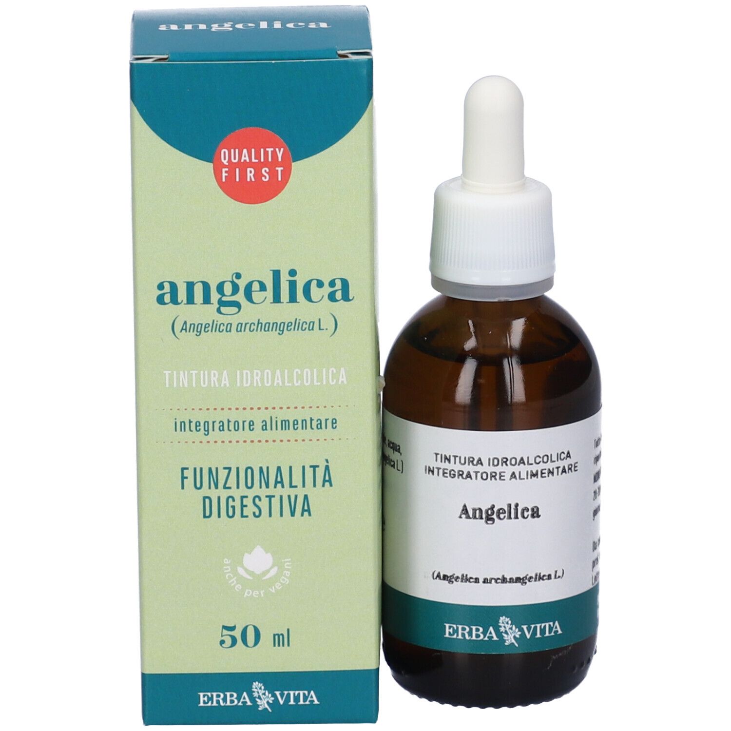 Prodotto con confezione. Flacone marrone con pipetta e scatola. Testo: Angelica, 50 ml, Erba Vita.