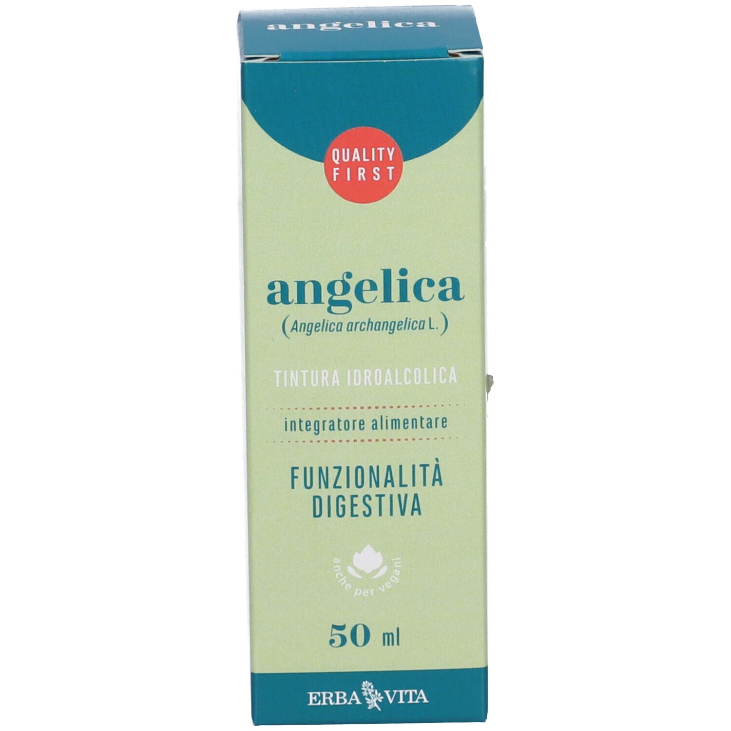 Confezione in cartone. Testo: Angelica, 50 ml, Erba Vita. Logo e marchio di qualità.