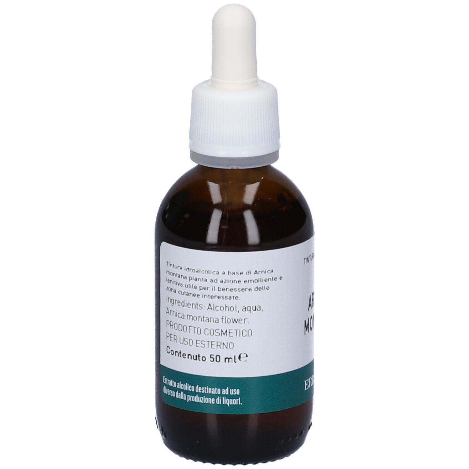 Flacone di vetro marrone con tappo bianco e contagocce. Etichetta con testo. Prodotto per uso esterno. Contenuto 50 ml.