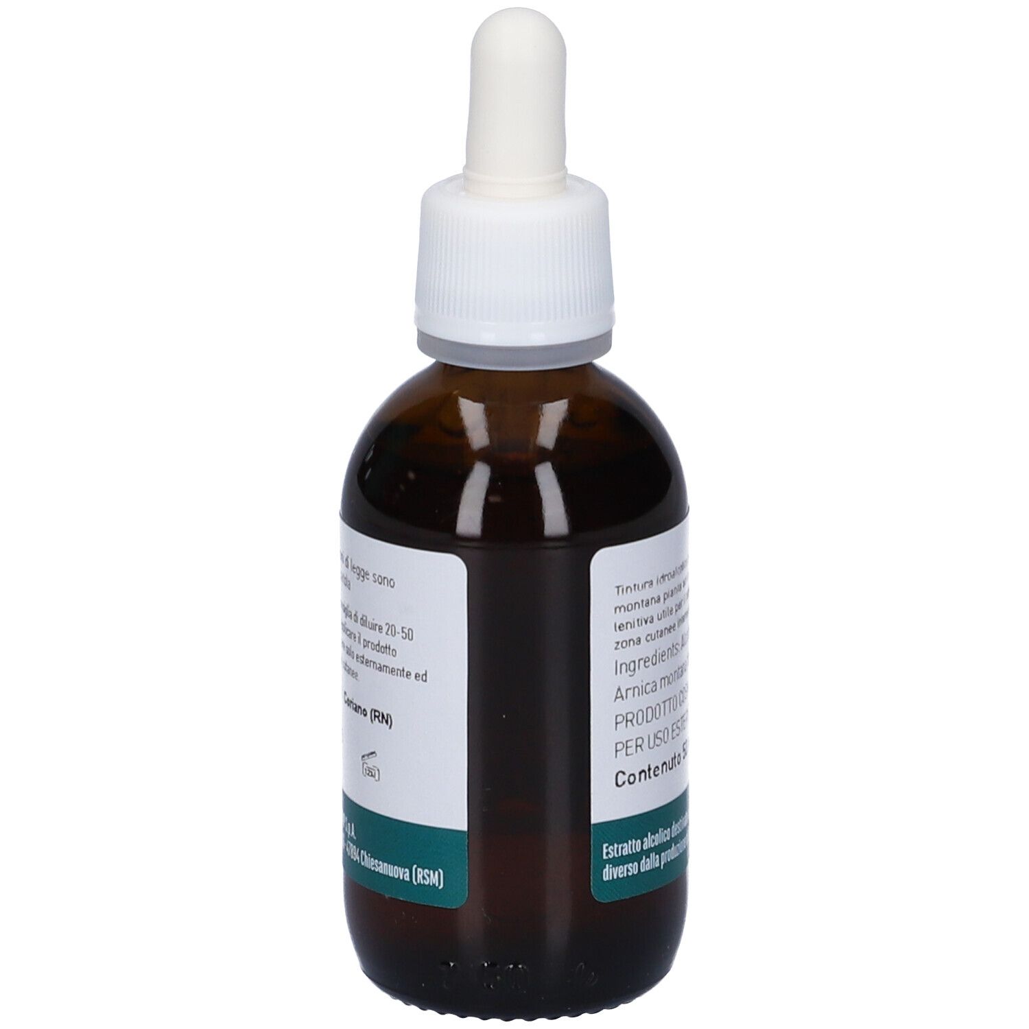 Flacone di vetro marrone con tappo bianco e contagocce. Etichetta con testo. Prodotto per uso esterno. Ingredienti.