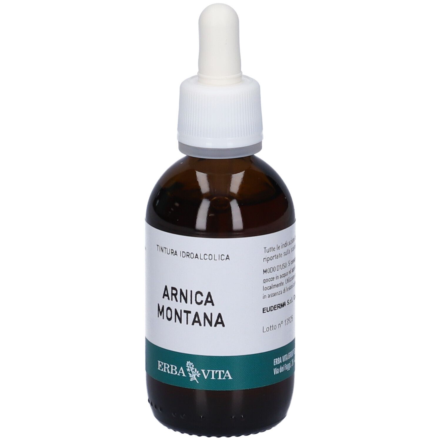 Flacone di vetro marrone con tappo bianco e contagocce. Etichetta con testo: Arnica Montana, Erba Vita. Etichetta verde e bianca.
