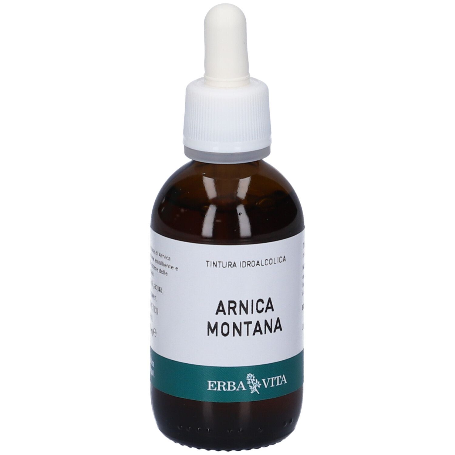Flacone di vetro marrone con tappo bianco e contagocce. Etichetta con testo: Arnica Montana, Erba Vita. Etichetta verde e bianca.