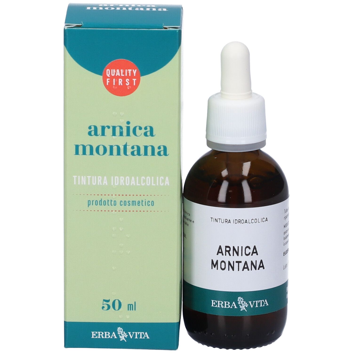 Flacone e scatola. Flacone con contagocce. Scatola con testo: Arnica Montana, 50 ml, Quality First. Logo Erba Vita.