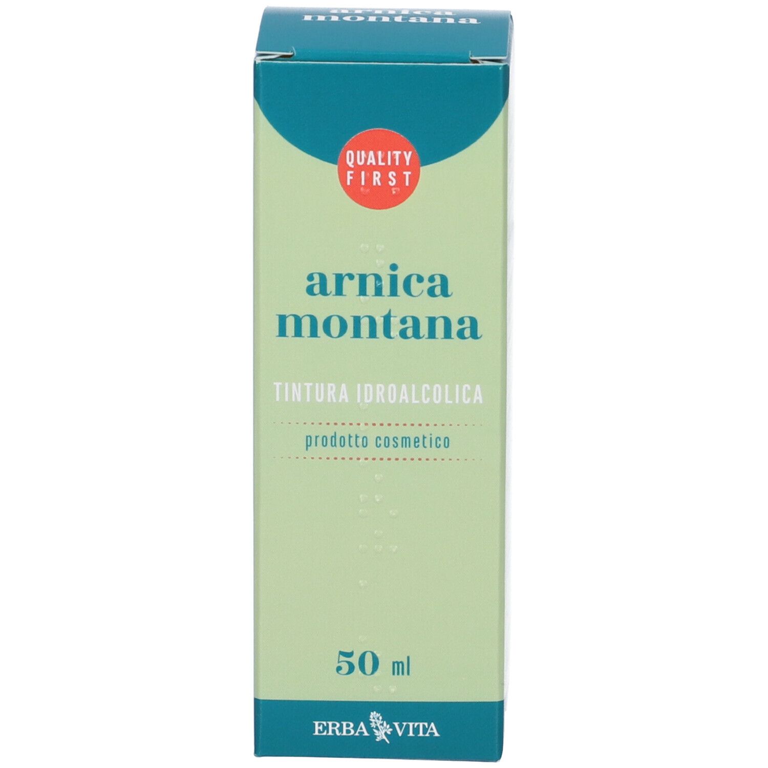 Scatola verde con testo: Arnica Montana, 50 ml, Quality First. Logo Erba Vita. Prodotto per uso esterno.