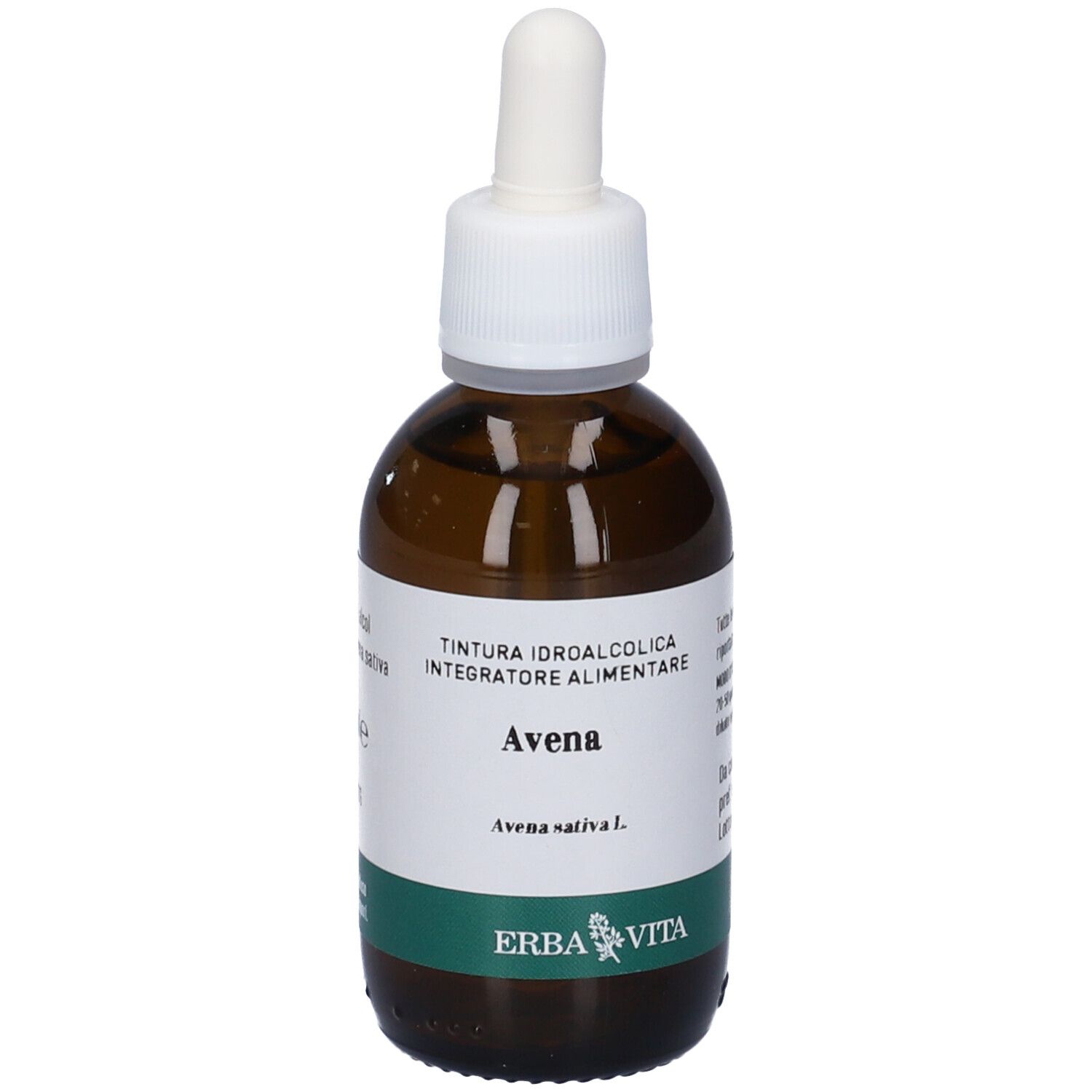 Flacone di vetro marrone con tappo bianco e pipetta. L'etichetta riporta "TINTURA IDROALCOLICA INTEGRATORE ALIMENTARE Avena Avena sativa L.".