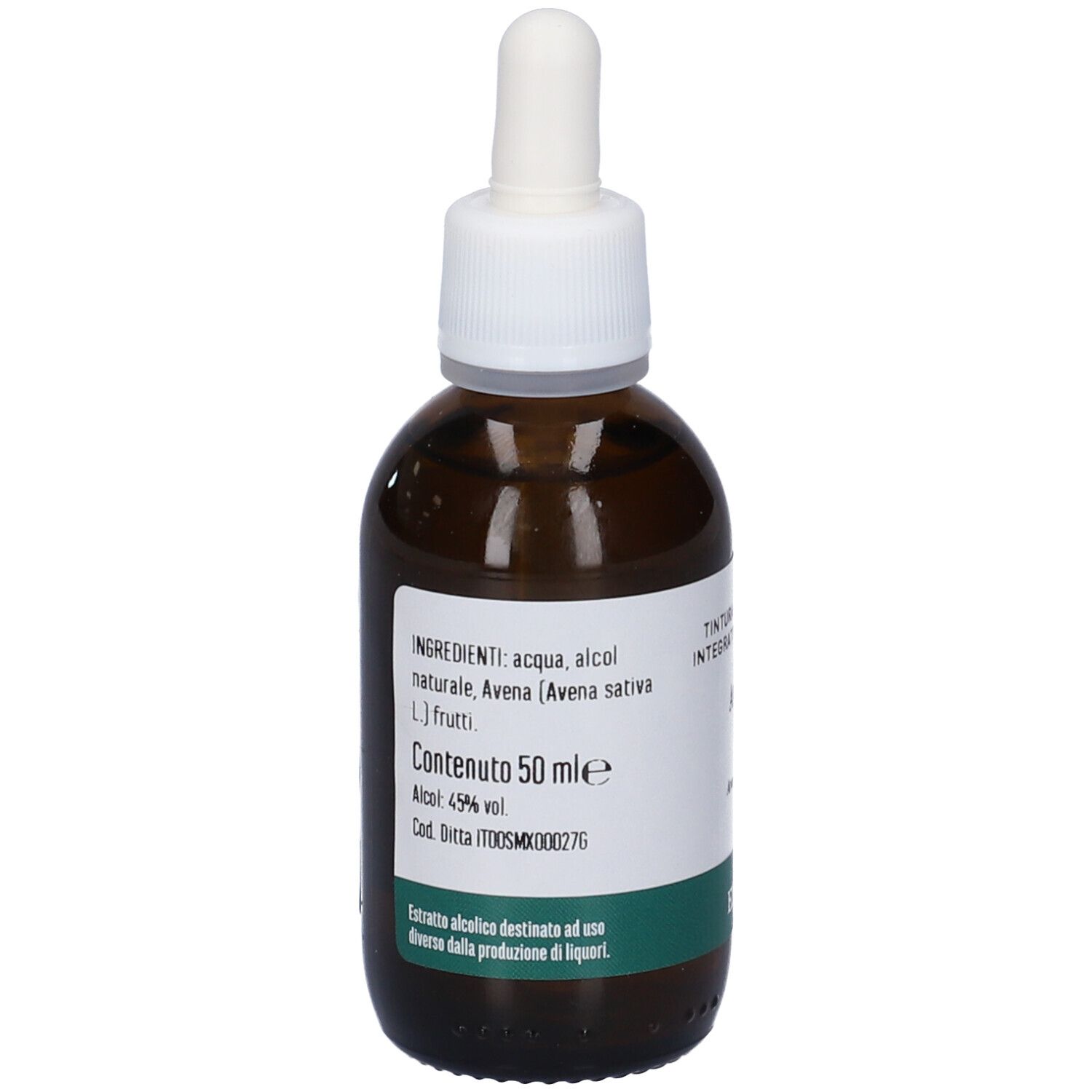 Flacone di vetro marrone con tappo bianco e pipetta. L'etichetta indica ingredienti, gradazione alcolica e volume. Etichetta con fascia verde.