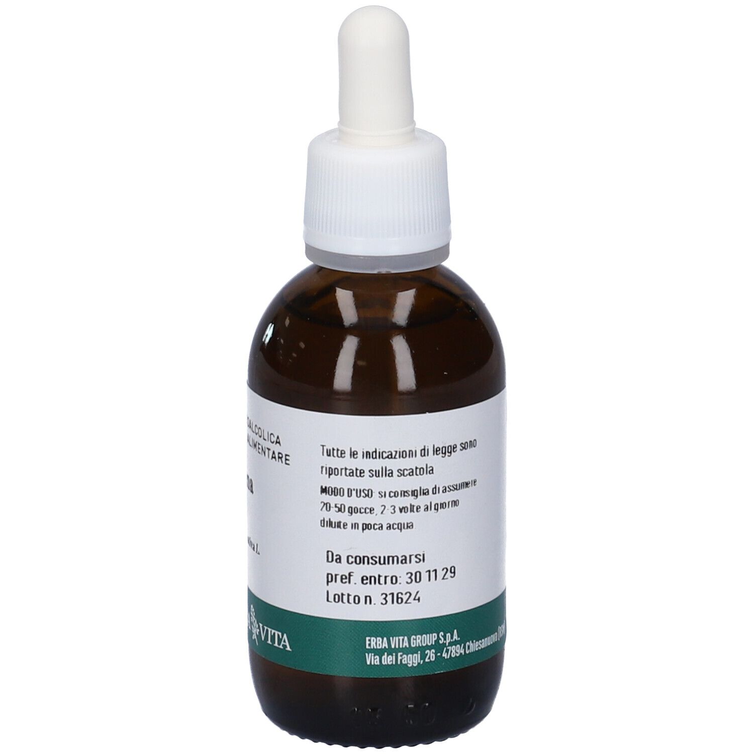 Flacone di vetro marrone con tappo bianco e pipetta. L'etichetta indica istruzioni per l'uso e data di scadenza. Etichetta con fascia verde.