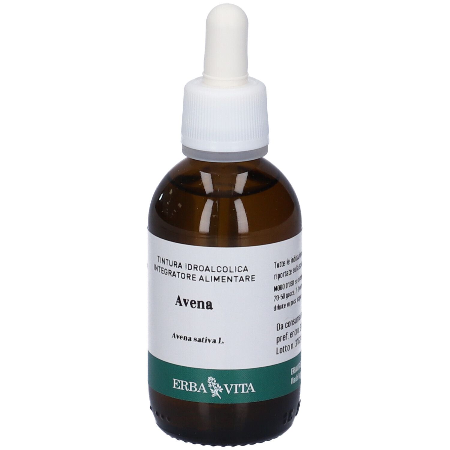 Flacone di vetro marrone con tappo bianco e pipetta. L'etichetta riporta "TINTURA IDROALCOLICA INTEGRATORE ALIMENTARE Avena Avena sativa L.".