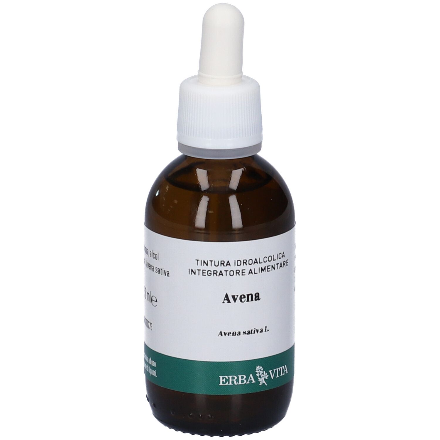 Flacone di vetro marrone con tappo bianco e pipetta. L'etichetta riporta "TINTURA IDROALCOLICA INTEGRATORE ALIMENTARE Avena Avena sativa L.".