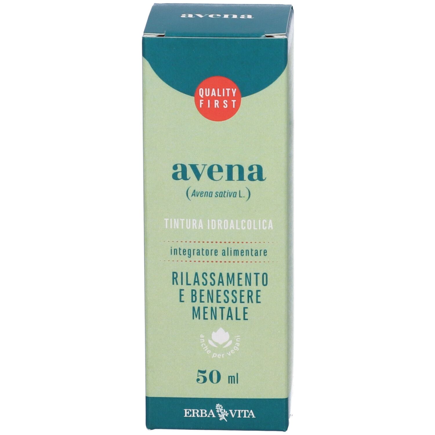 Scatola con informazioni sul prodotto. In alto "avena (Avena sativa L.) TINTURA IDROALCOLICA Integratore alimentare". In basso "50 ml".