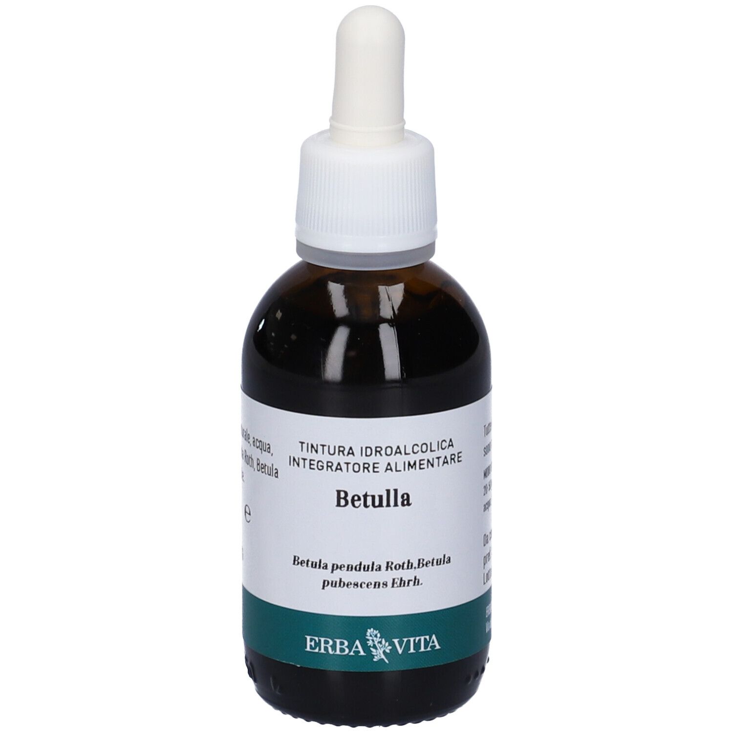 Flacone di vetro marrone con pipetta. Scritta: Betulla, Integratore Alimentare, logo Erba Vita. Etichetta bianca.