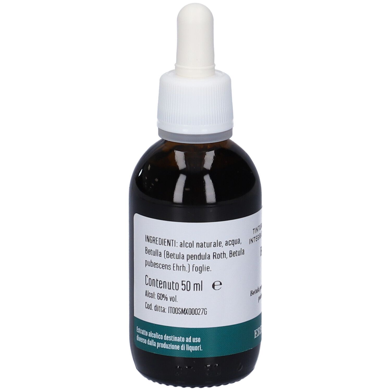 Flacone di vetro marrone con pipetta. Scritta: Betulla, Integratore Alimentare, logo Erba Vita. Etichetta con ingredienti.