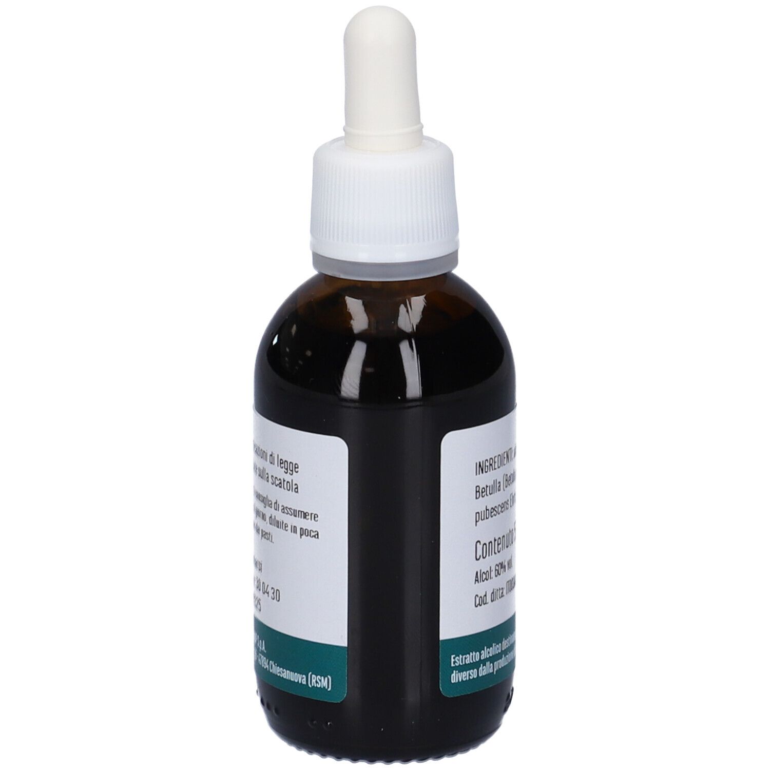 Flacone di vetro marrone con pipetta. Scritta: Betulla, Integratore Alimentare, logo Erba Vita. Etichetta con informazioni.