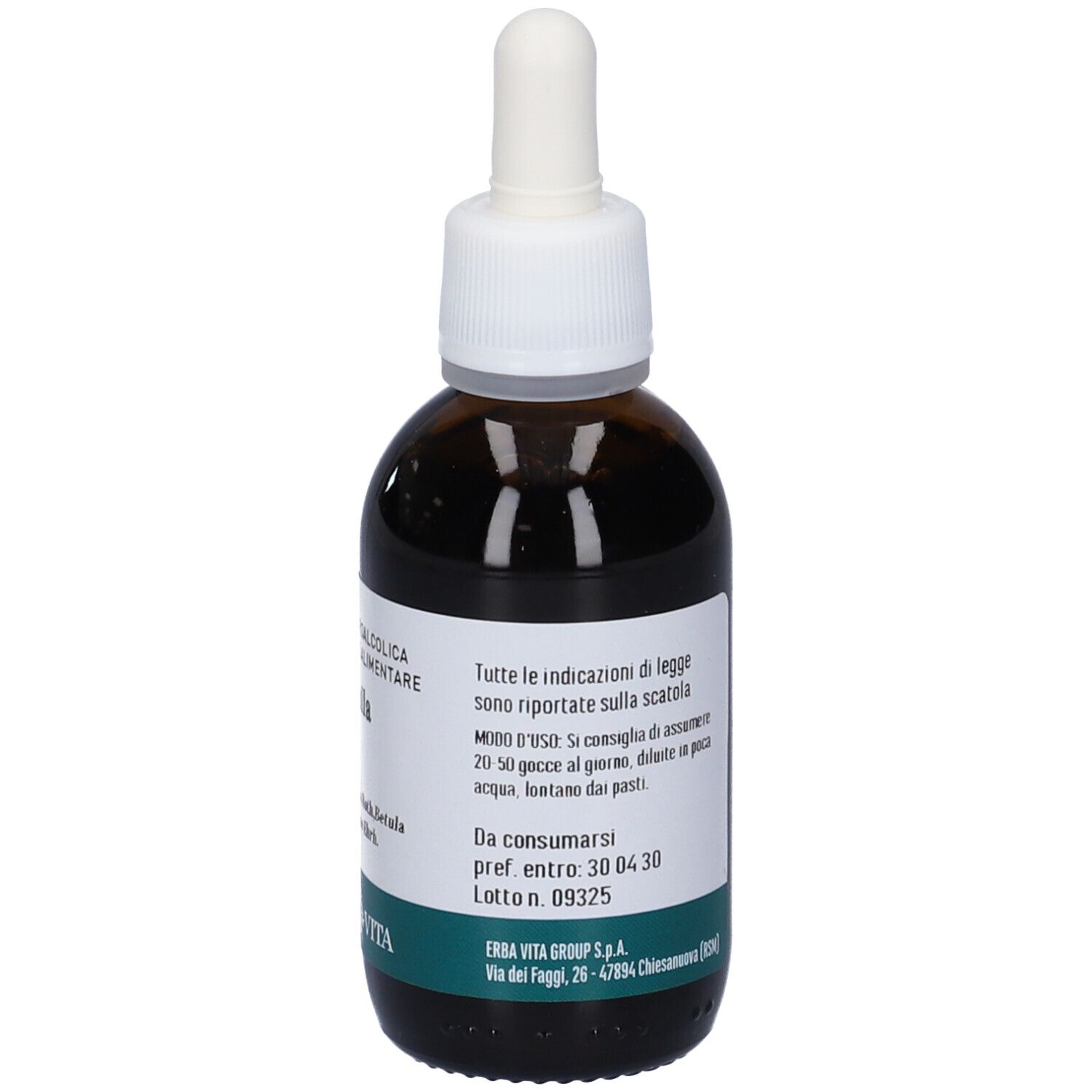 Flacone di vetro marrone con pipetta. Scritta: Betulla, Integratore Alimentare, logo Erba Vita. Etichetta con istruzioni.