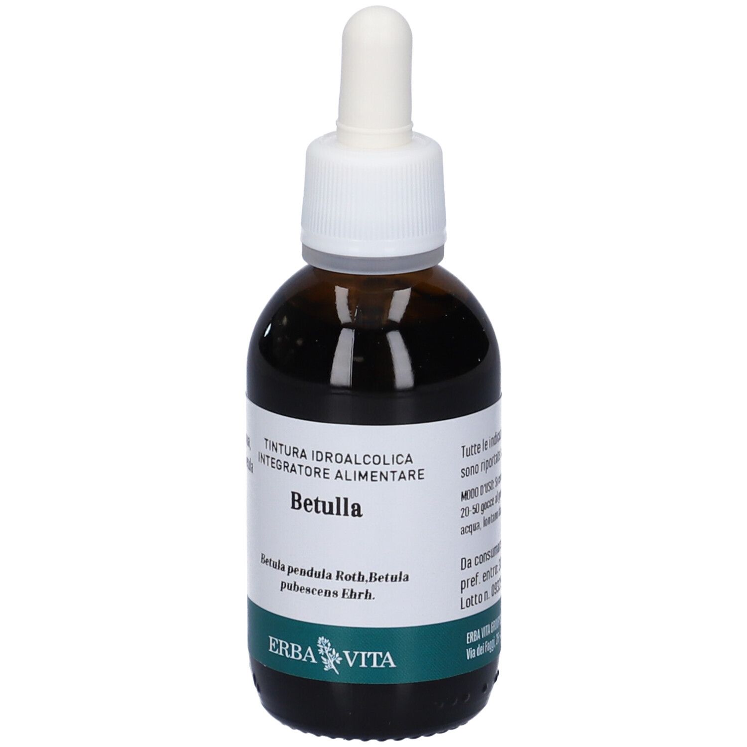 Flacone di vetro marrone con pipetta. Scritta: Betulla, Integratore Alimentare, logo Erba Vita. Etichetta con informazioni.