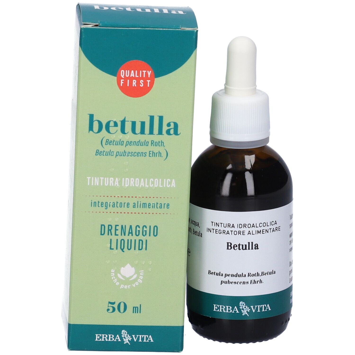 Confezione e flacone. Scritta: Betulla, Integratore Alimentare, logo Erba Vita. Confezione verde e bianca.