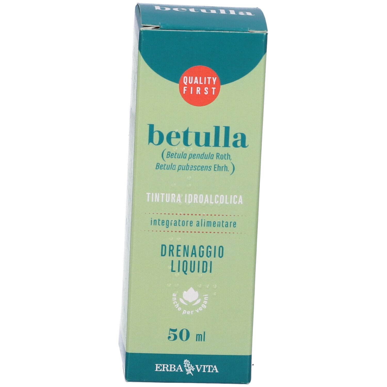 Confezione del prodotto. Scritta: Betulla, Integratore Alimentare, logo Erba Vita. Confezione verde e bianca.