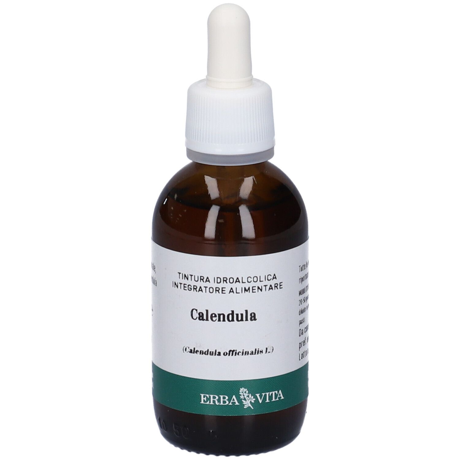 Flacone di vetro marrone con pipetta. Scritto: Calendula, tintura. Marchio: Erba Vita. Etichetta verde.