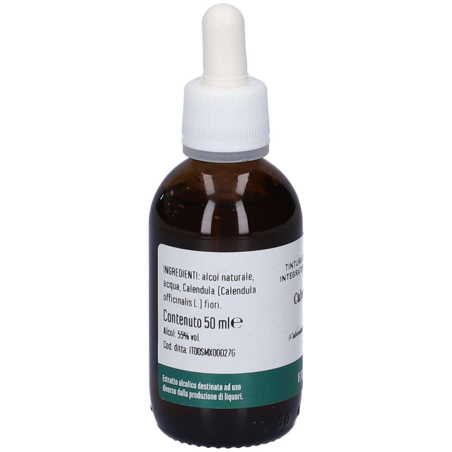 Flacone vetro marrone con pipetta. Etichetta con ingredienti, volume 50 ml, alcol 59%. Marchio: Erba Vita.