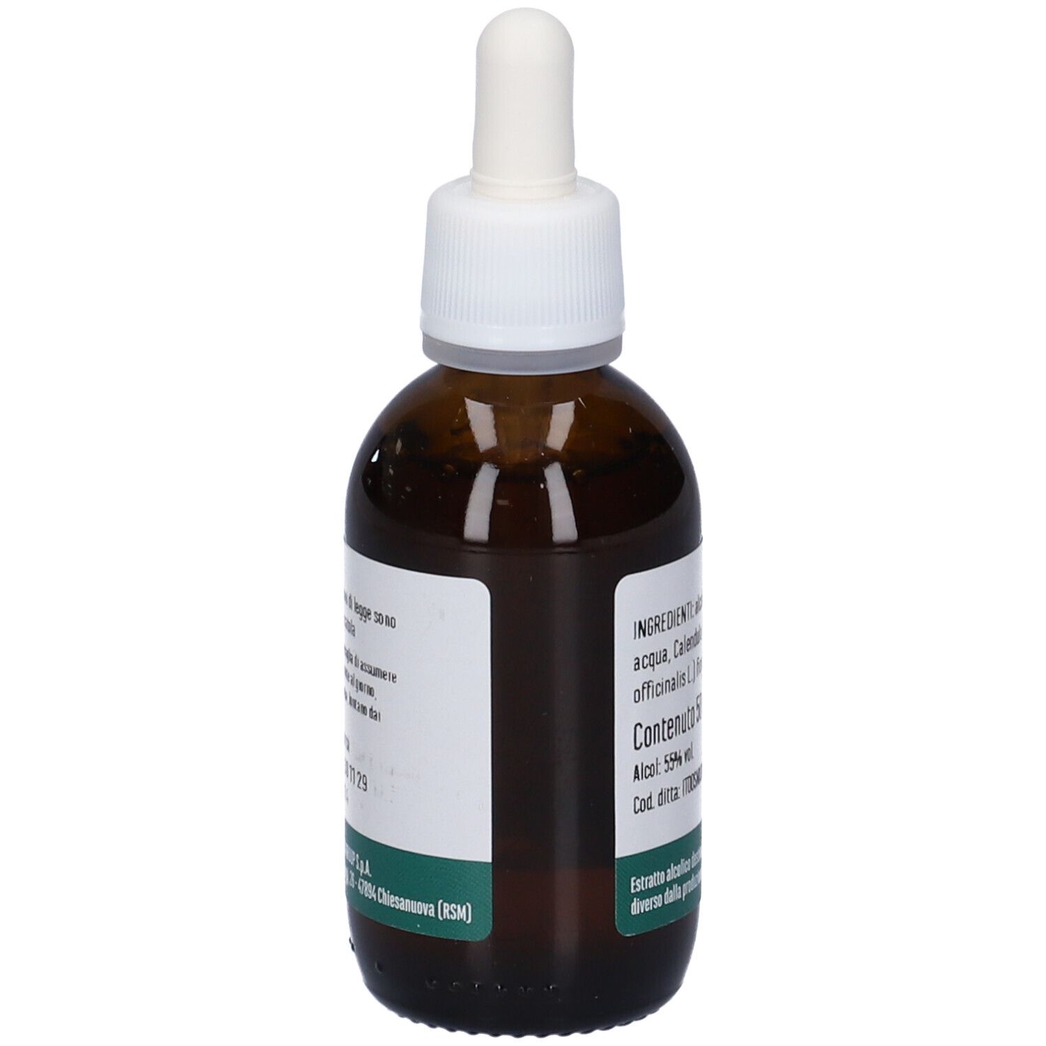 Flacone vetro marrone con pipetta. Etichetta con ingredienti, volume 50 ml, alcol 59%. Marchio: Erba Vita.