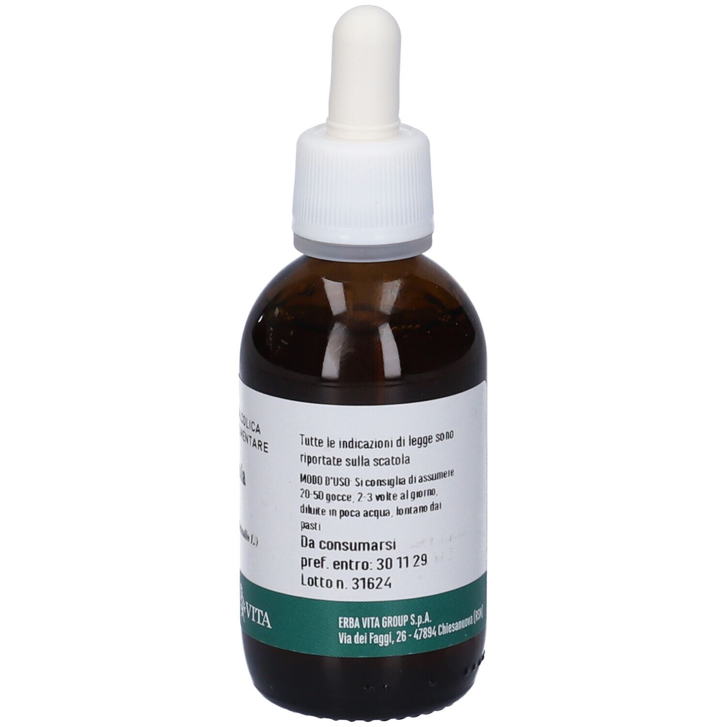 Flacone vetro marrone con pipetta. Etichetta con istruzioni per l'uso. Marchio: Erba Vita. Etichetta verde.