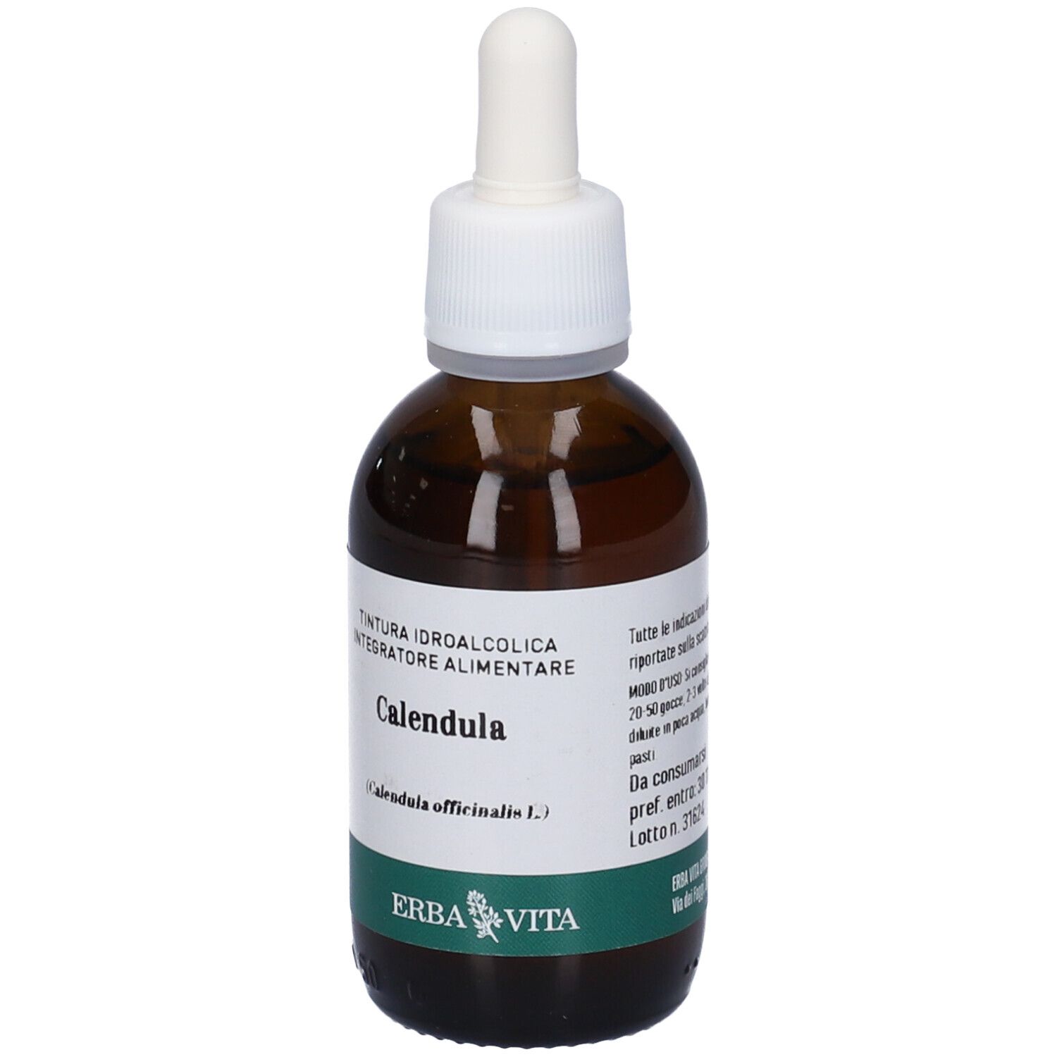 Flacone di vetro marrone con pipetta. Scritto: Calendula, tintura. Marchio: Erba Vita. Etichetta verde.