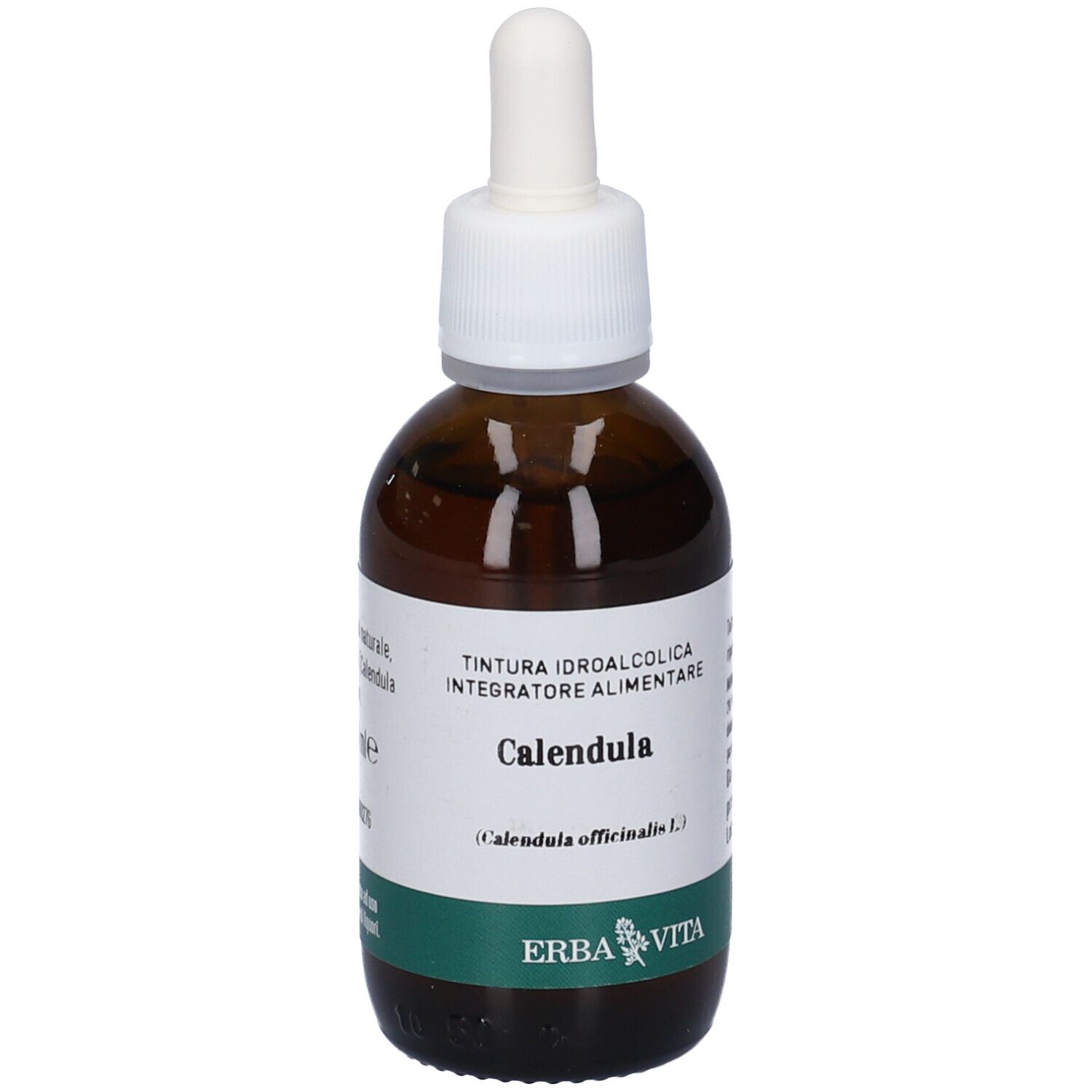 Flacone di vetro marrone con pipetta. Scritto: Calendula, tintura. Marchio: Erba Vita. Etichetta verde.