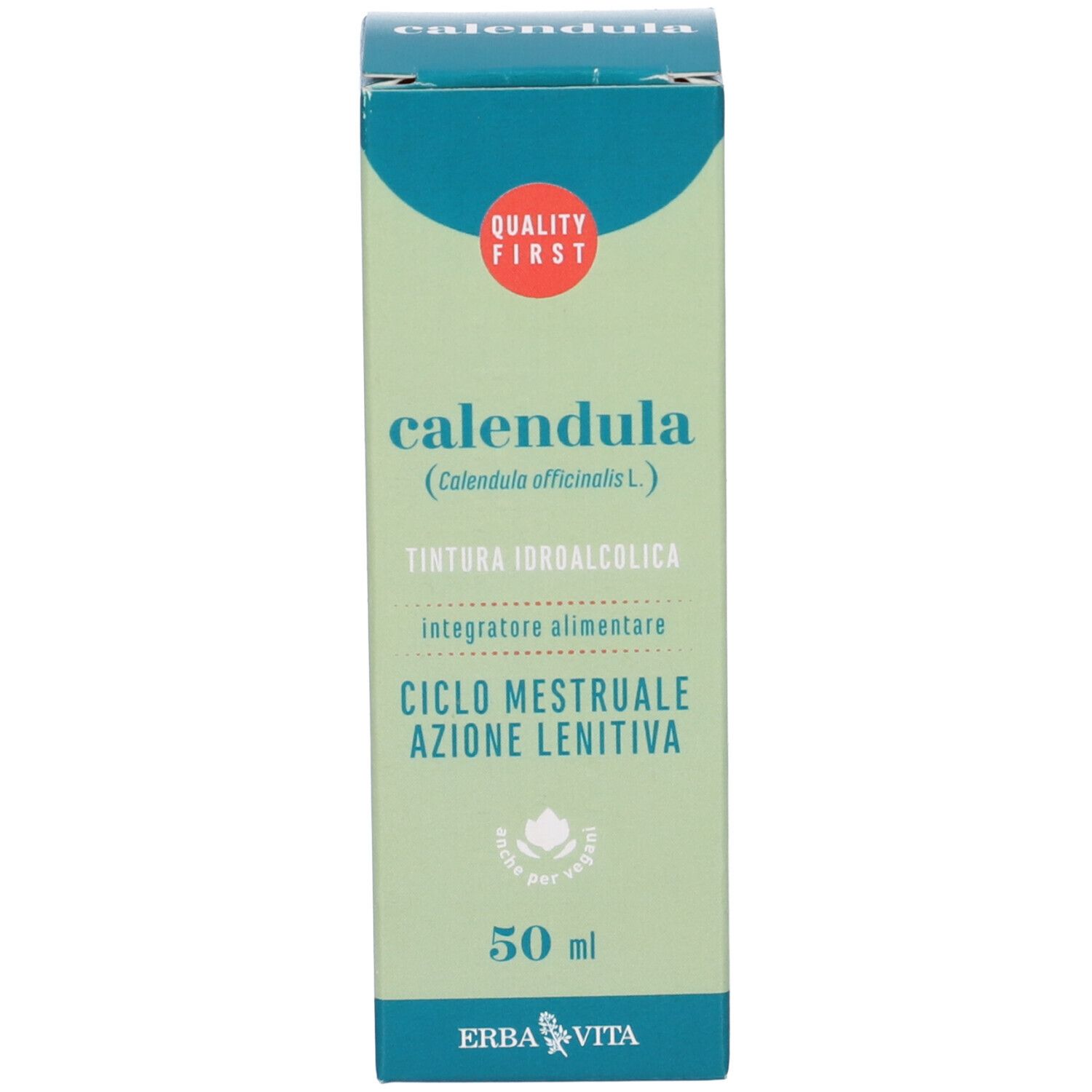 Scatola verde con informazioni prodotto. Scritto: Calendula, tintura, 50 ml. Marchio: Erba Vita. Marchio di qualità.