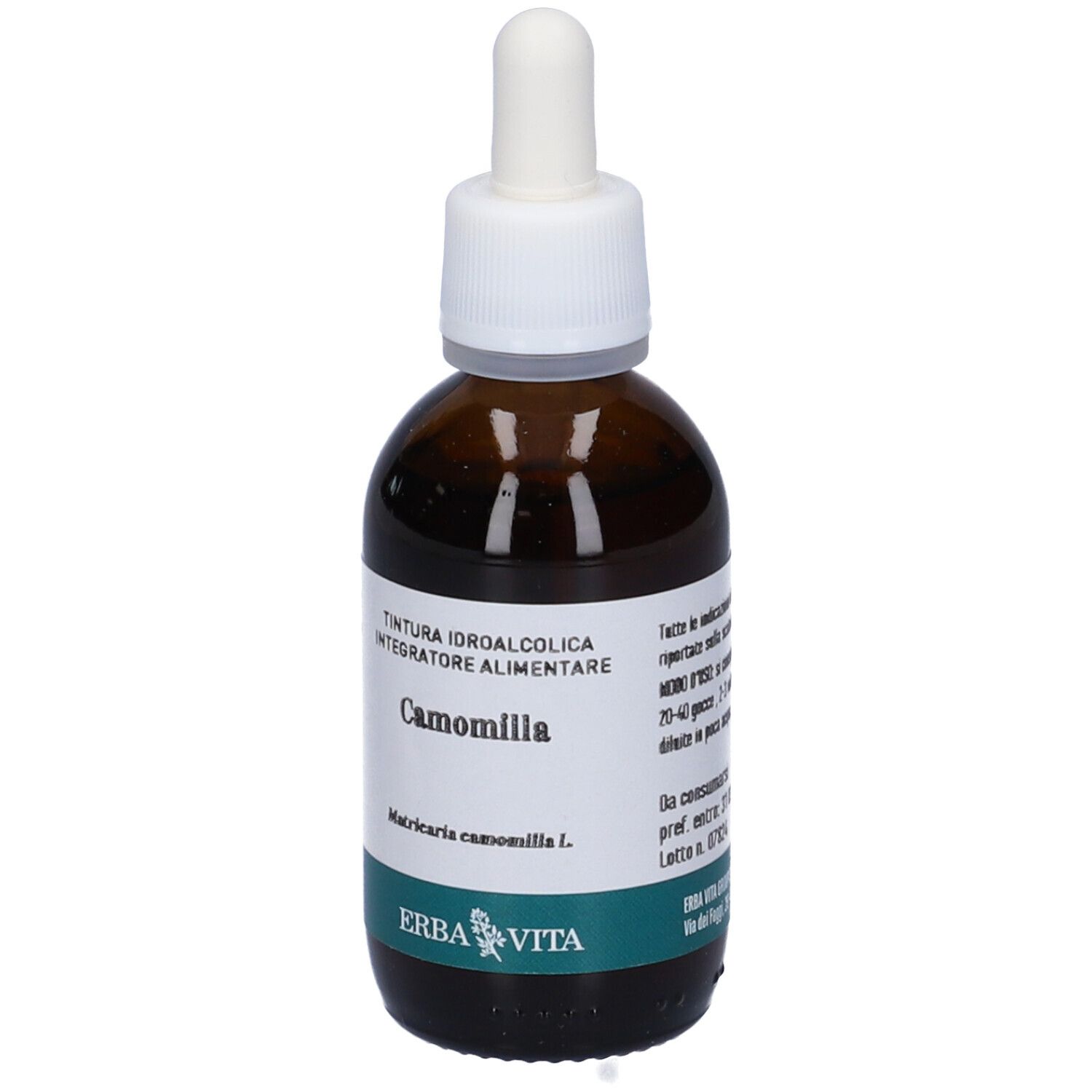 Flacone di vetro marrone con contagocce. Scritto: Camomilla, Matricaria chamomilla L., Erba Vita.
