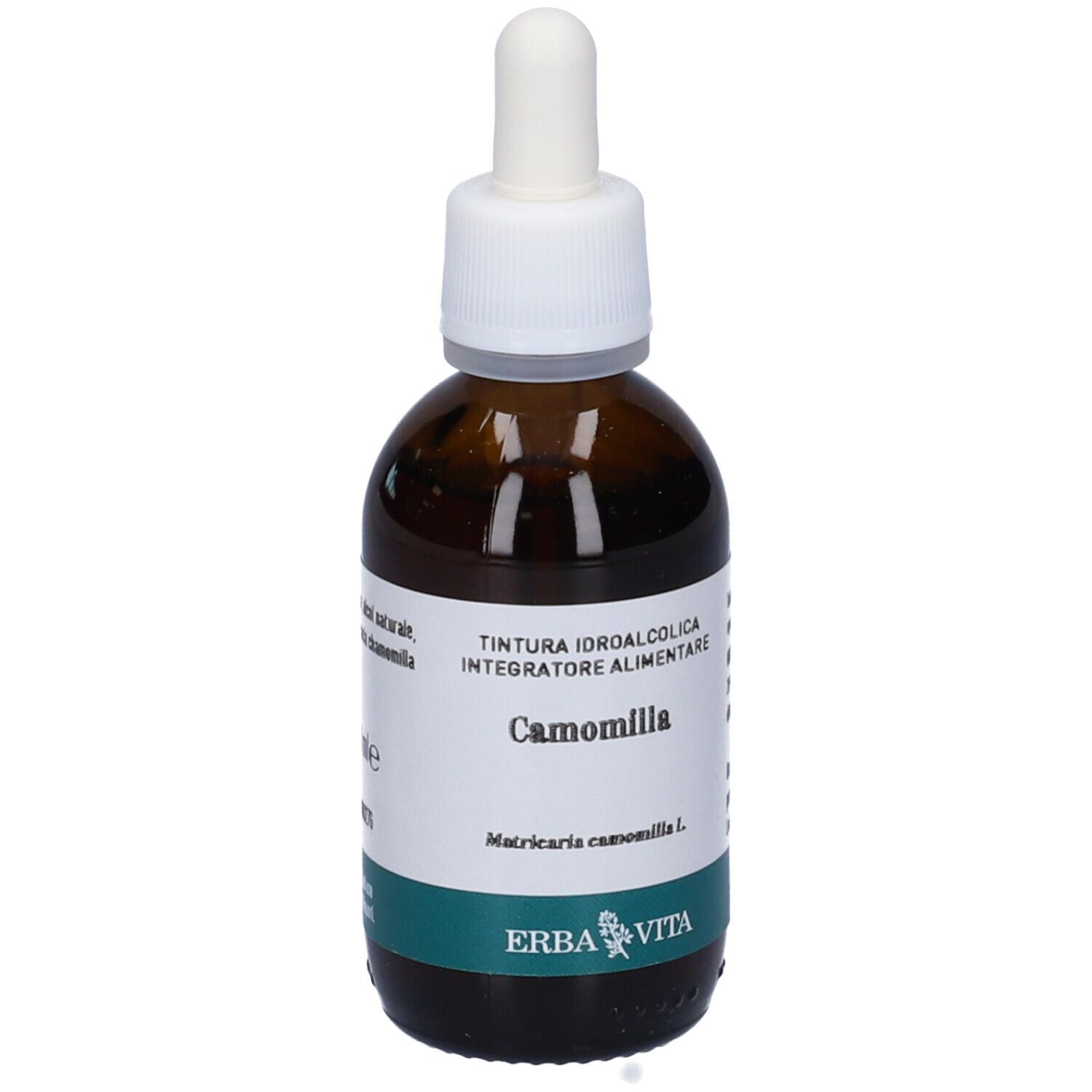 Flacone di vetro marrone con contagocce. Scritto: Camomilla, Matricaria chamomilla L., Erba Vita.