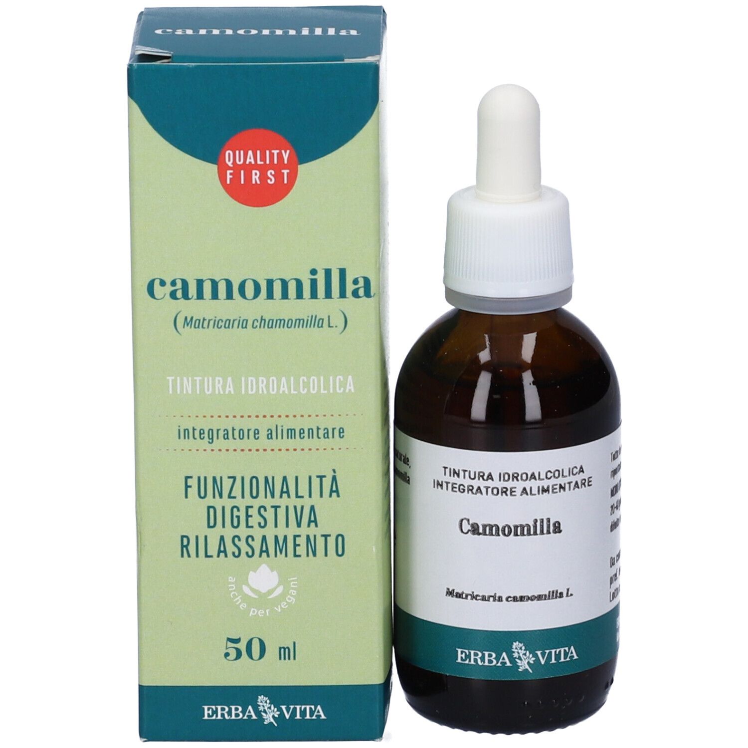 Confezione del prodotto con flacone e contagocce. Scritto: Camomilla, Matricaria chamomilla L., Erba Vita.
