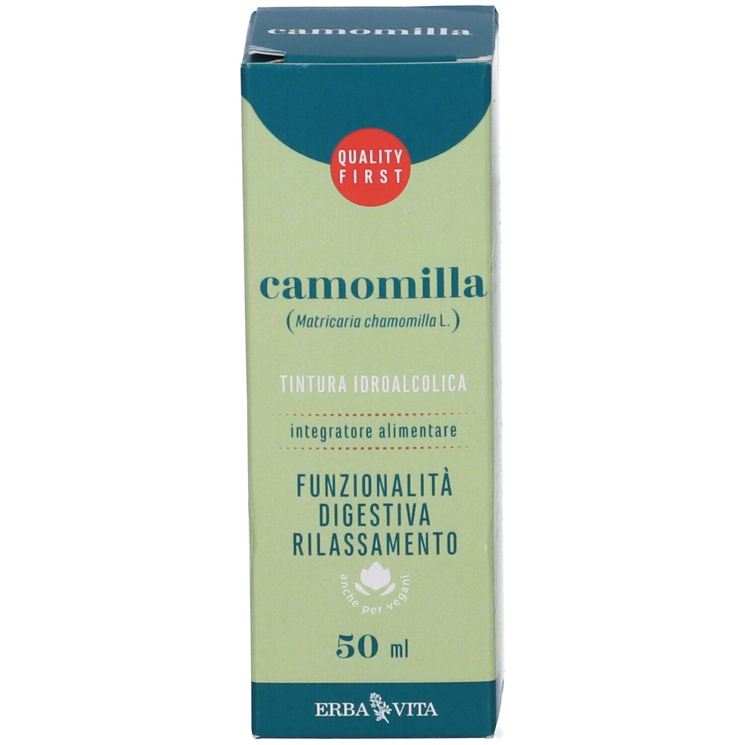 Confezione del prodotto. Scritto: Camomilla, Matricaria chamomilla L., Erba Vita, 50 ml.