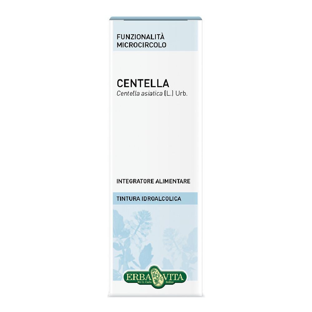 Prodotto Centella in scatola. Scritta: Centella, Erba Vita. Confezione verde e bianca.