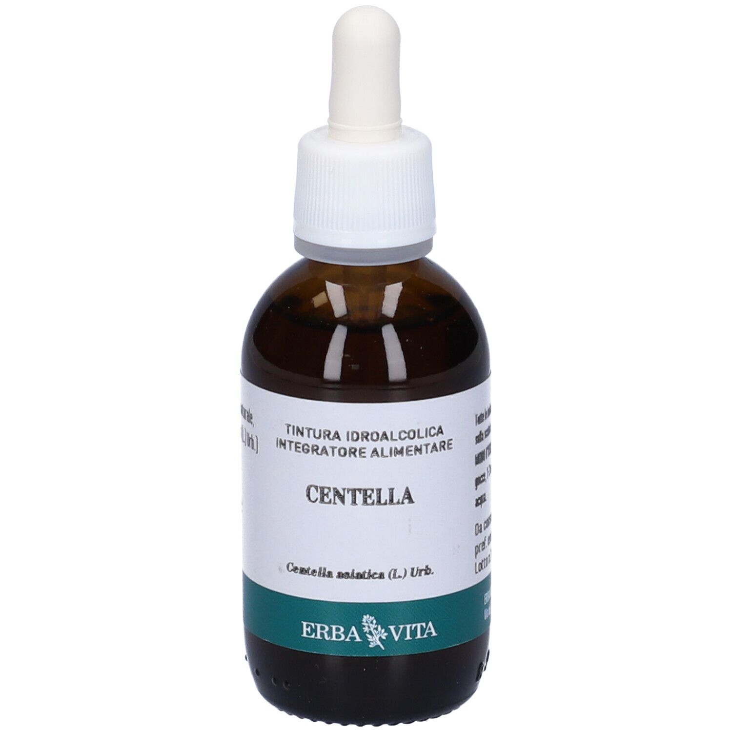 Flacone di vetro marrone con contagocce. Etichetta con scritta Centella e logo Erba Vita.