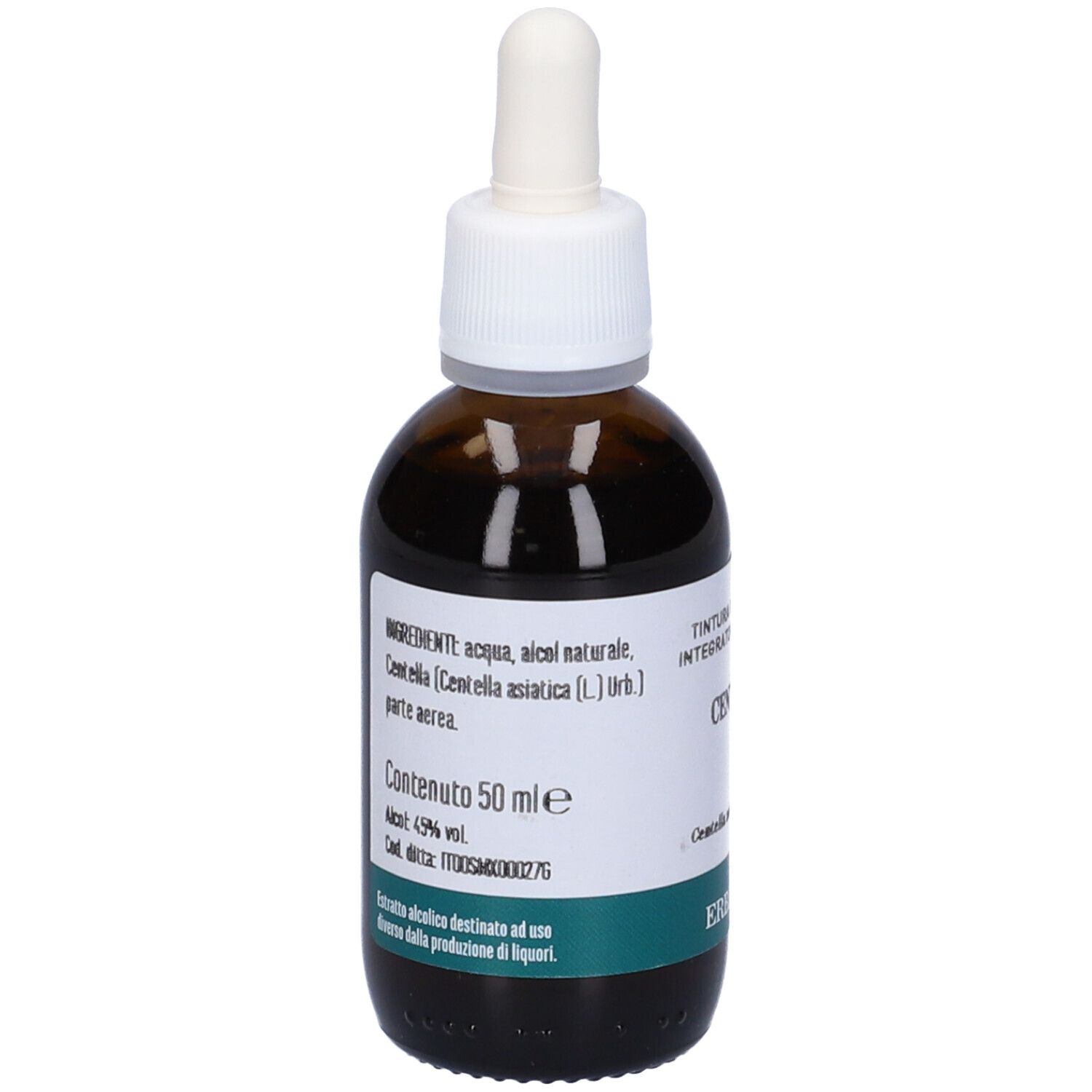 Flacone di vetro marrone con contagocce. Etichetta con ingredienti, scritta Centella e logo Erba Vita.