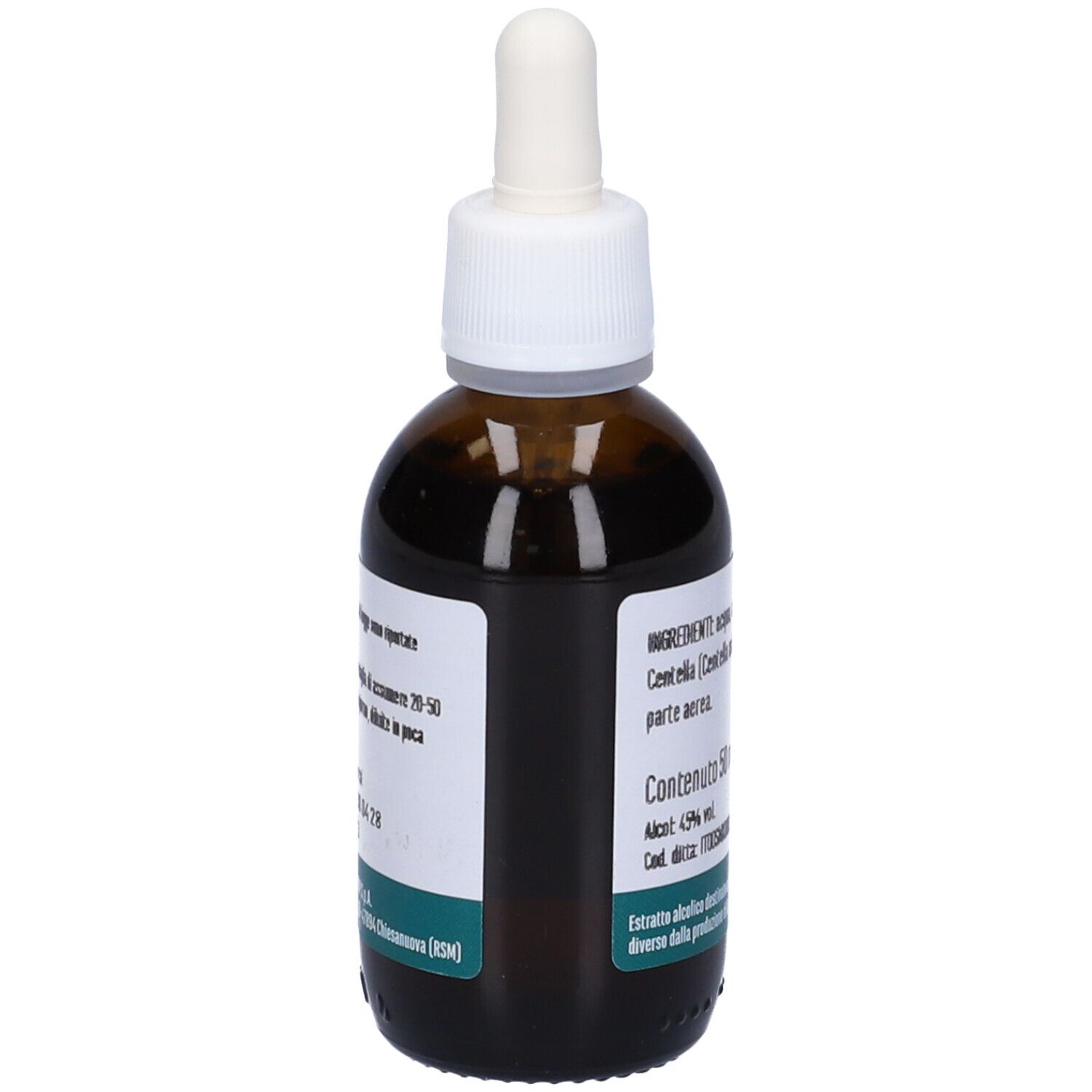 Flacone di vetro marrone con contagocce. Etichetta con ingredienti, scritta Centella e logo Erba Vita.