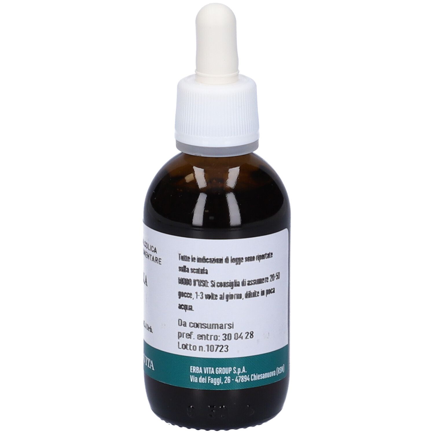 Flacone di vetro marrone con contagocce. Etichetta con ingredienti, scritta Centella e logo Erba Vita.