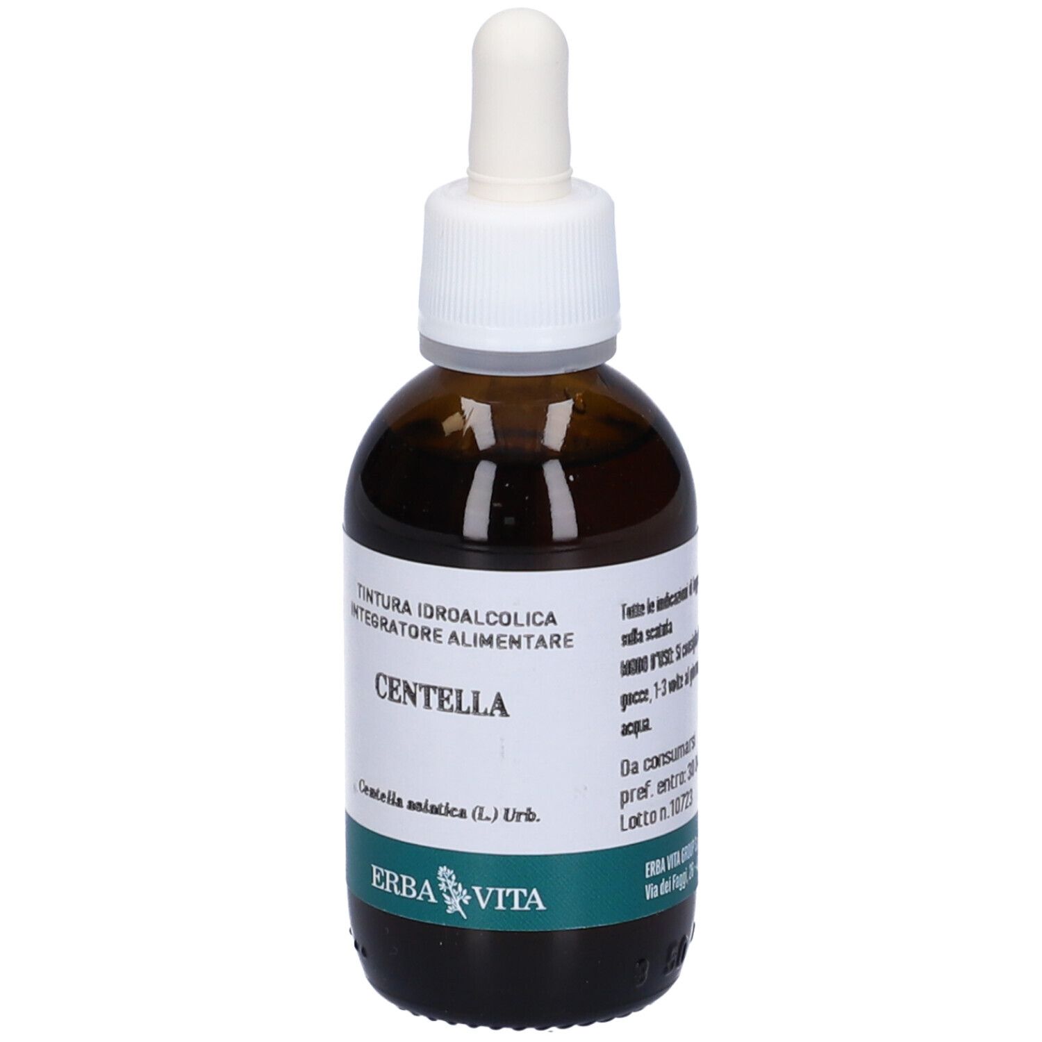 Flacone di vetro marrone con contagocce. Etichetta con ingredienti, scritta Centella e logo Erba Vita.