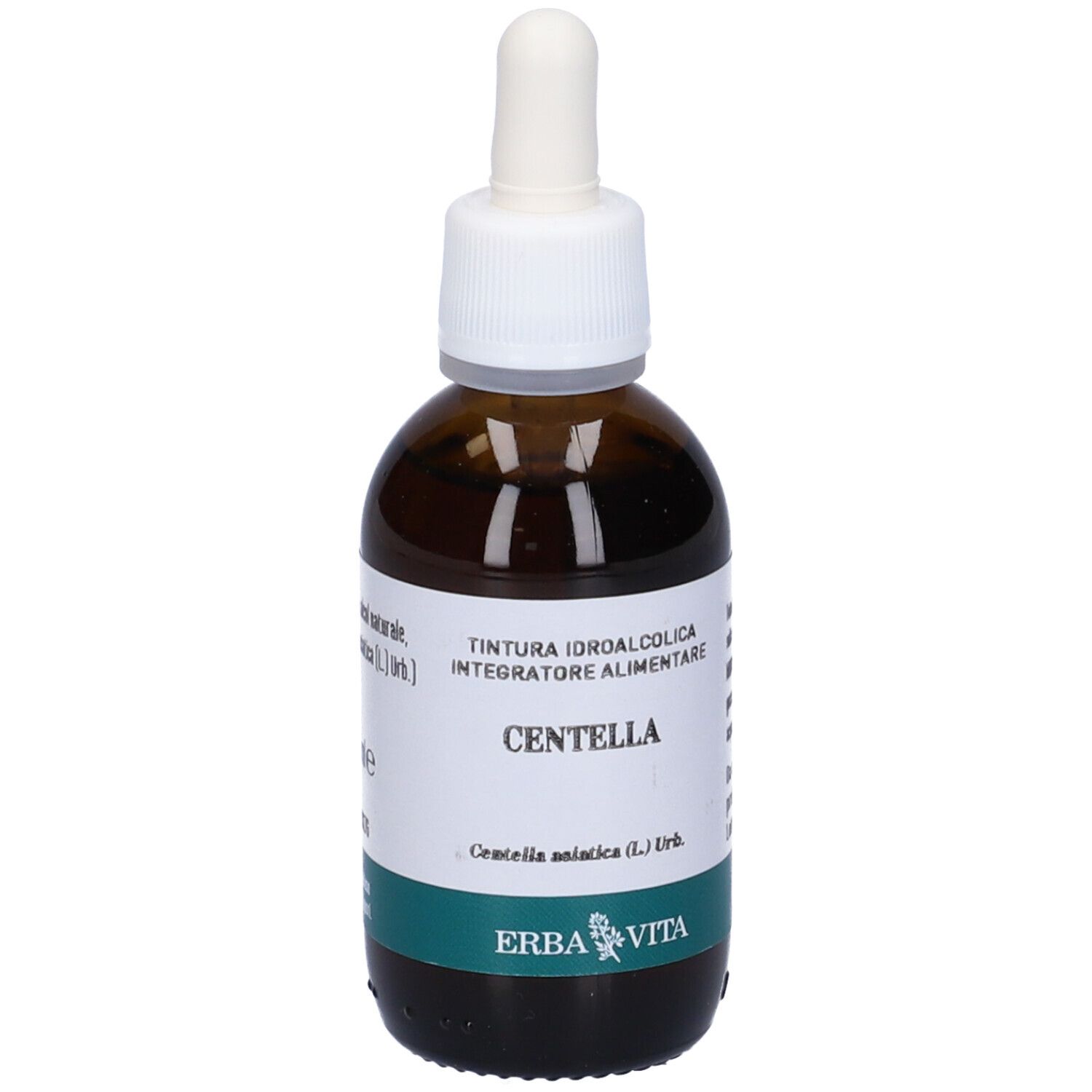 Flacone di vetro marrone con contagocce. Etichetta con ingredienti, scritta Centella e logo Erba Vita.